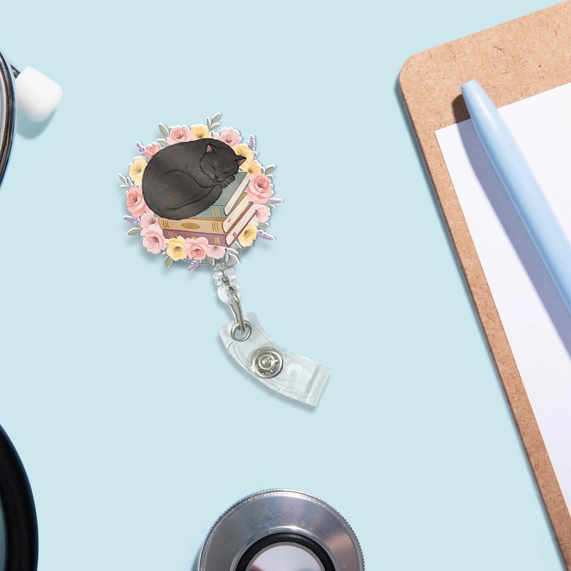 Black Cat Sleeping on Books Badge Reel, Spring Flowers ID Holder, Nurse Gift, Gift For Nurse, Animal Gift, Book Lover Gift, Cat Mom Gift