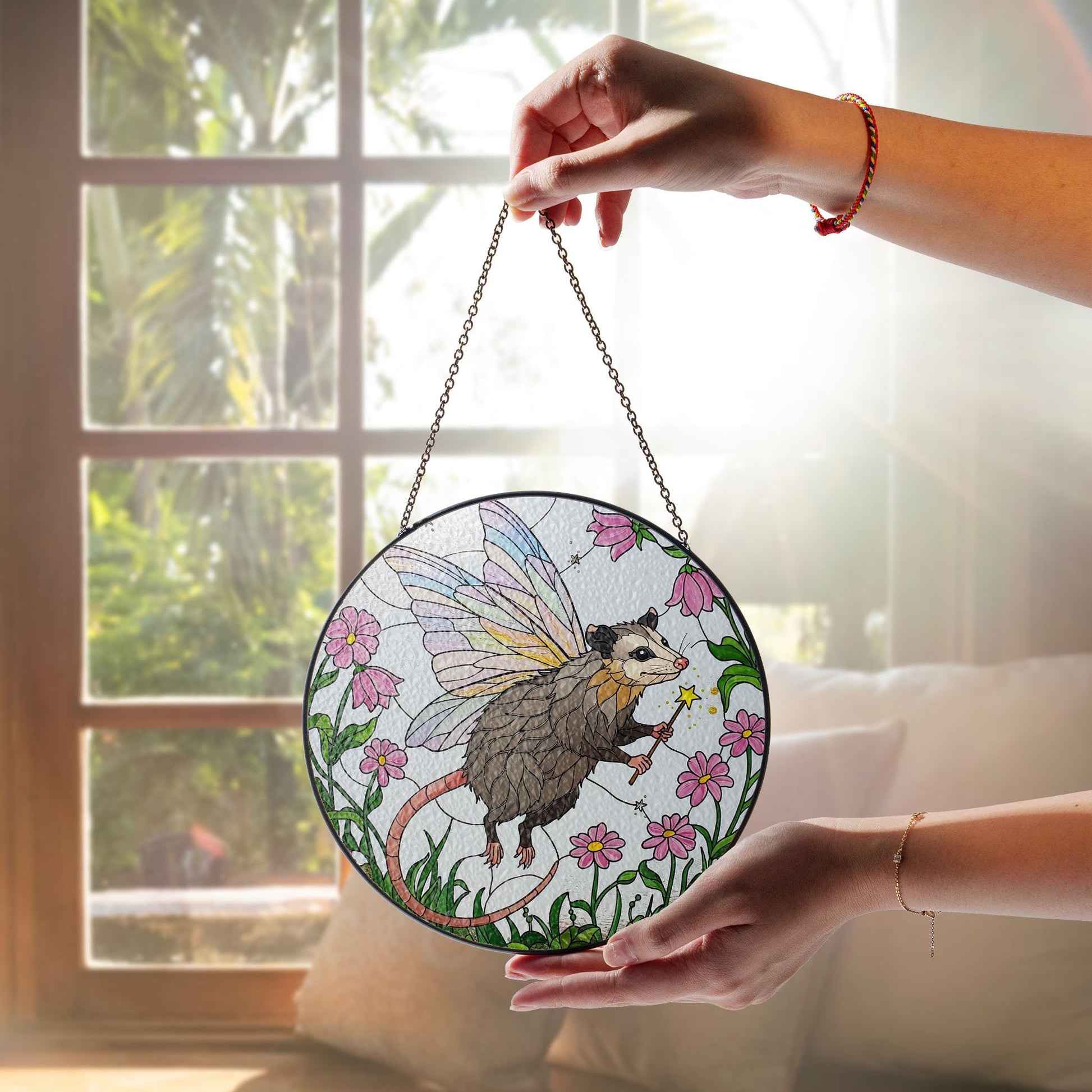fairy Godpossum among wildflowers GLASS Suncatcher Hanging, Cute opossum,fairy opossum suncatcher hanging, god possum window hanging