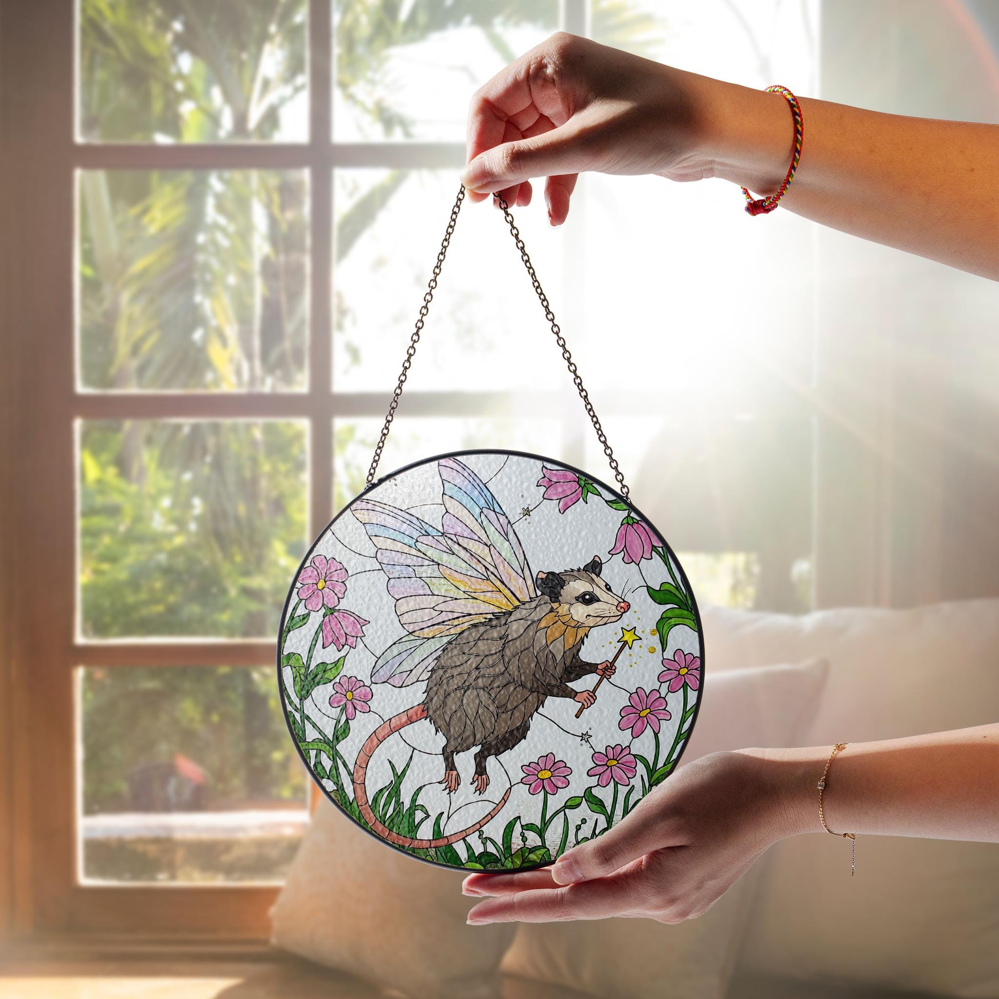 fairy Godpossum among wildflowers GLASS Suncatcher Hanging, Cute opossum,fairy opossum suncatcher hanging, god possum window hanging