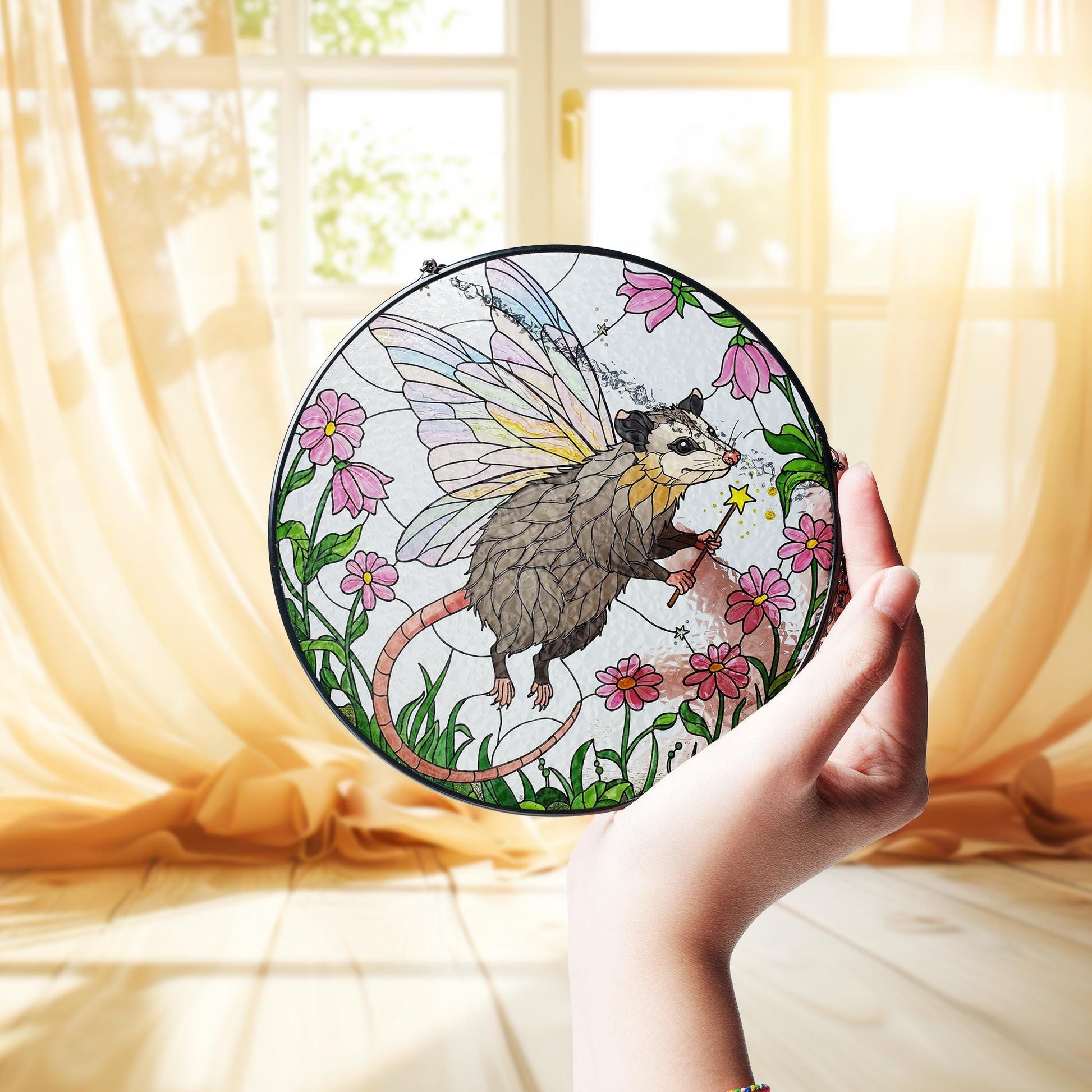 fairy Godpossum among wildflowers GLASS Suncatcher Hanging, Cute opossum,fairy opossum suncatcher hanging, god possum window hanging