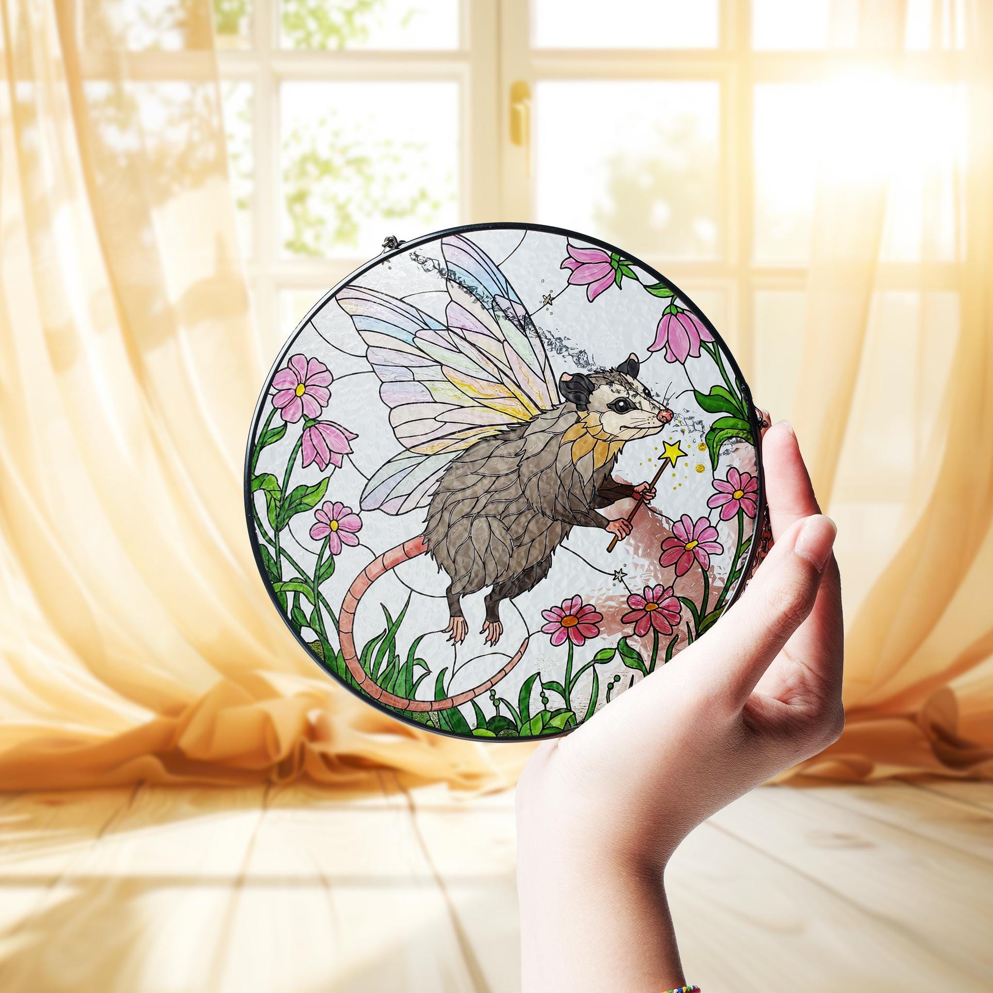 fairy Godpossum among wildflowers GLASS Suncatcher Hanging, Cute opossum,fairy opossum suncatcher hanging, god possum window hanging