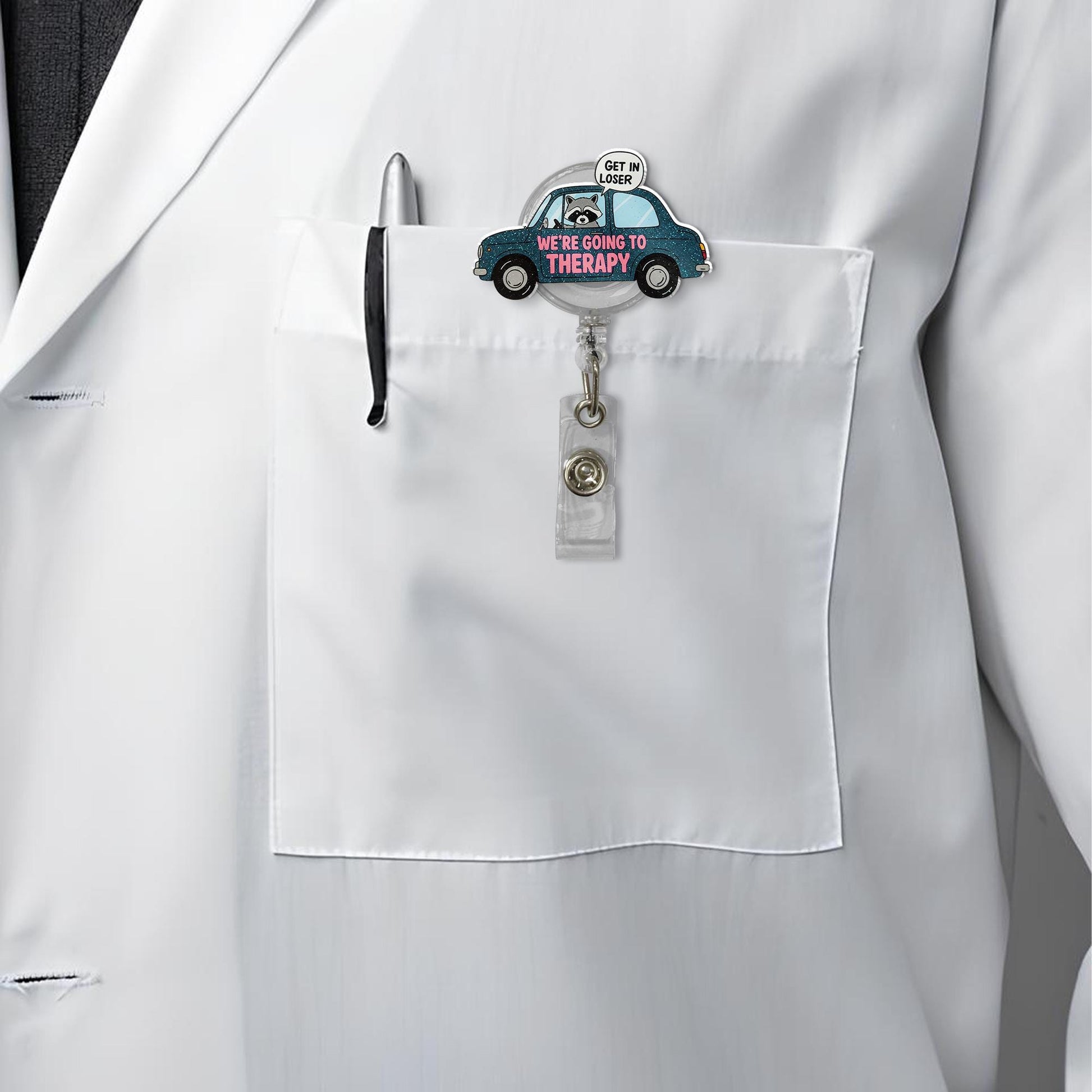 Get in loser we're going to therapy badge reel, funny raccoon ID holder for therapists, quirky mental health accessories gift