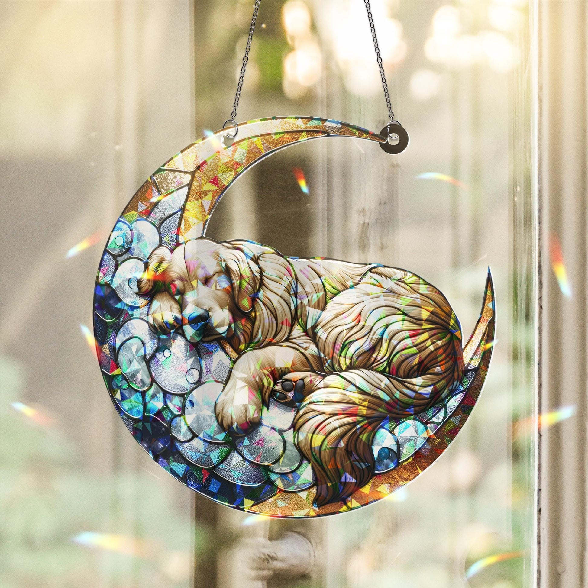 ACRYLIC Hologram Golden Retriever Sleeping on Crescent Moon Window Hanging, Dog Lover Gift, Dog Mom Gift, Suncatcher Decor