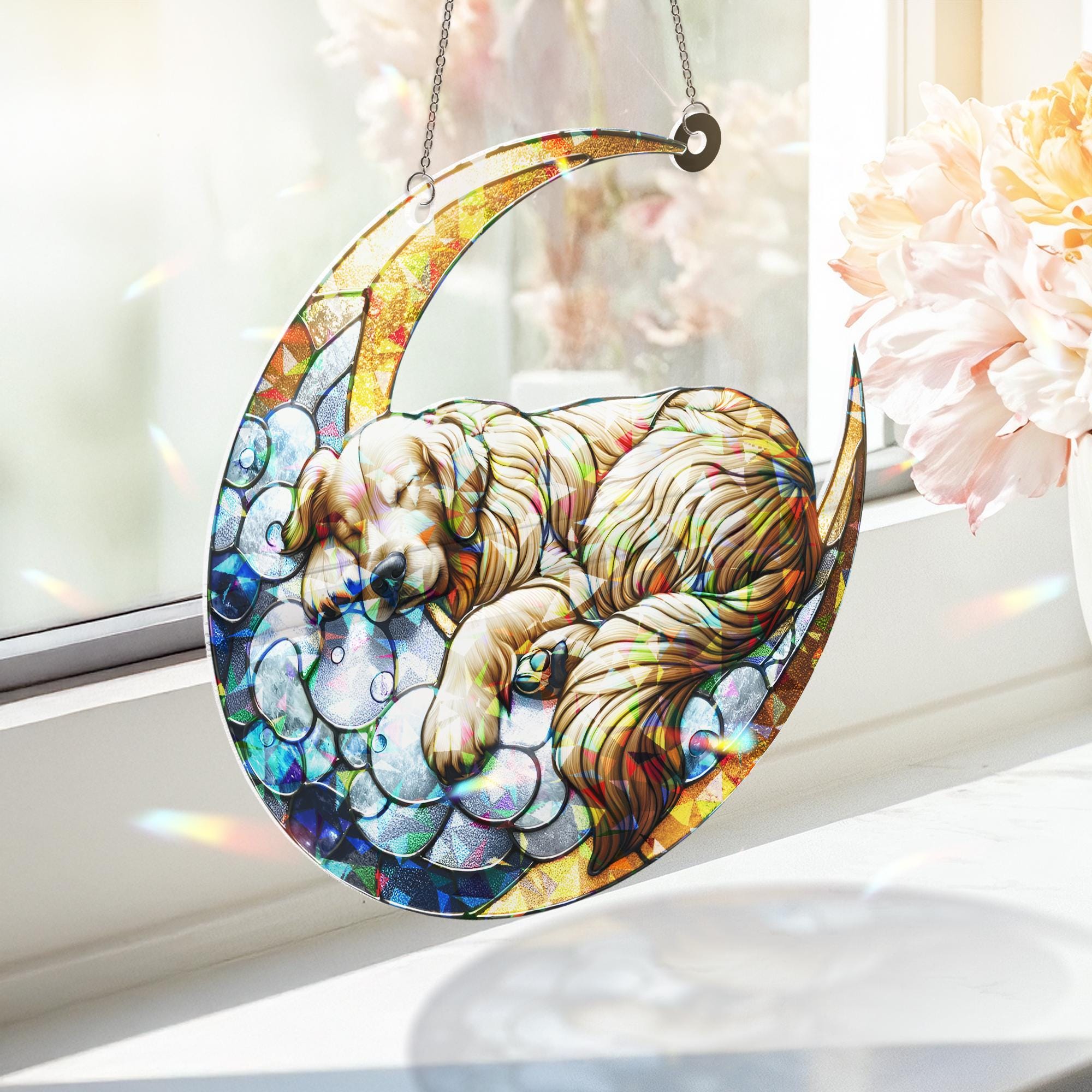 ACRYLIC Hologram Golden Retriever Sleeping on Crescent Moon Window Hanging, Dog Lover Gift, Dog Mom Gift, Suncatcher Decor