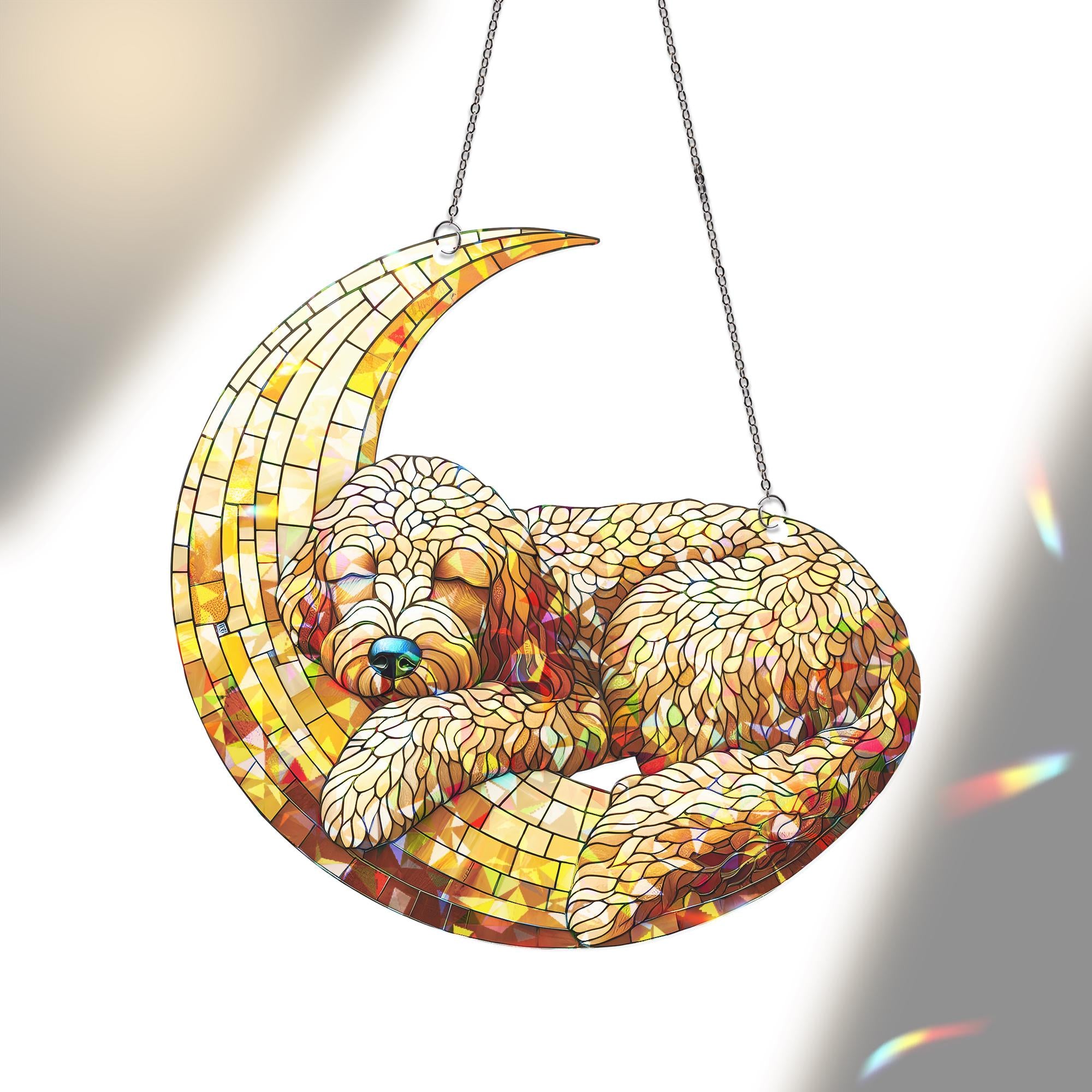 ACRYLIC Hologram Golden Doodle Sleep on Crescent Moon Window Hanging, Dog Lover Gift, Adorable Suncatcher Decor for Dog Moms