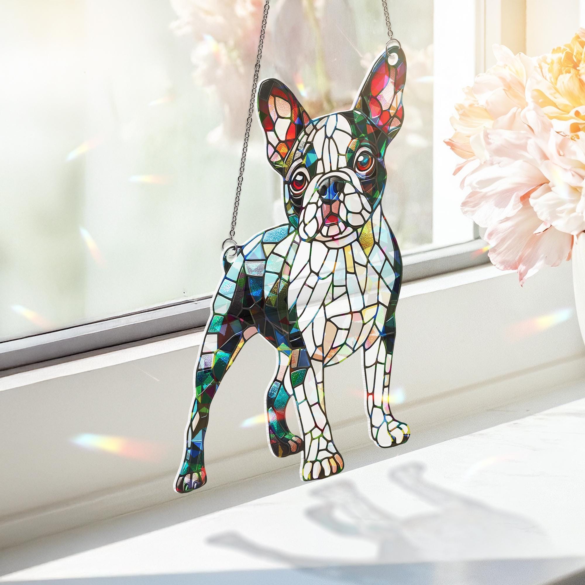ACRYLIC Hologram Boston terrier Window Hanging, colorful dog lover decor, suncatcher gift for dog moms, perfect home accent