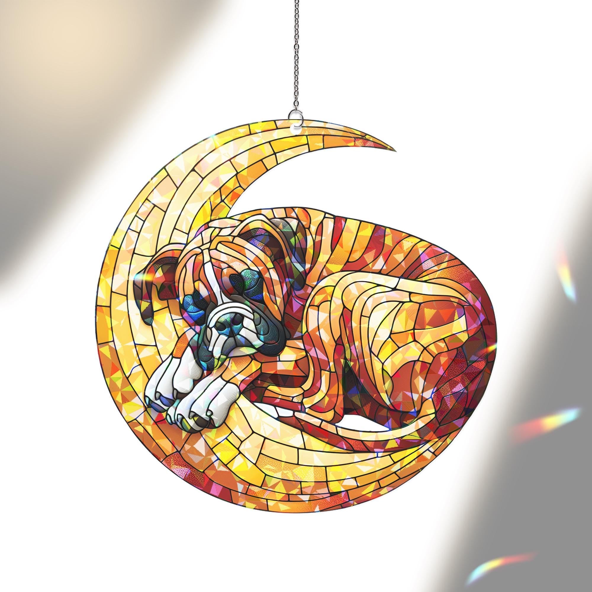 ACRYLIC Hologram Boxer dog  Sleep on Crescent Moon Window Hanging, Dog Lover Gift, Adorable Suncatcher Decor for Dog Moms
