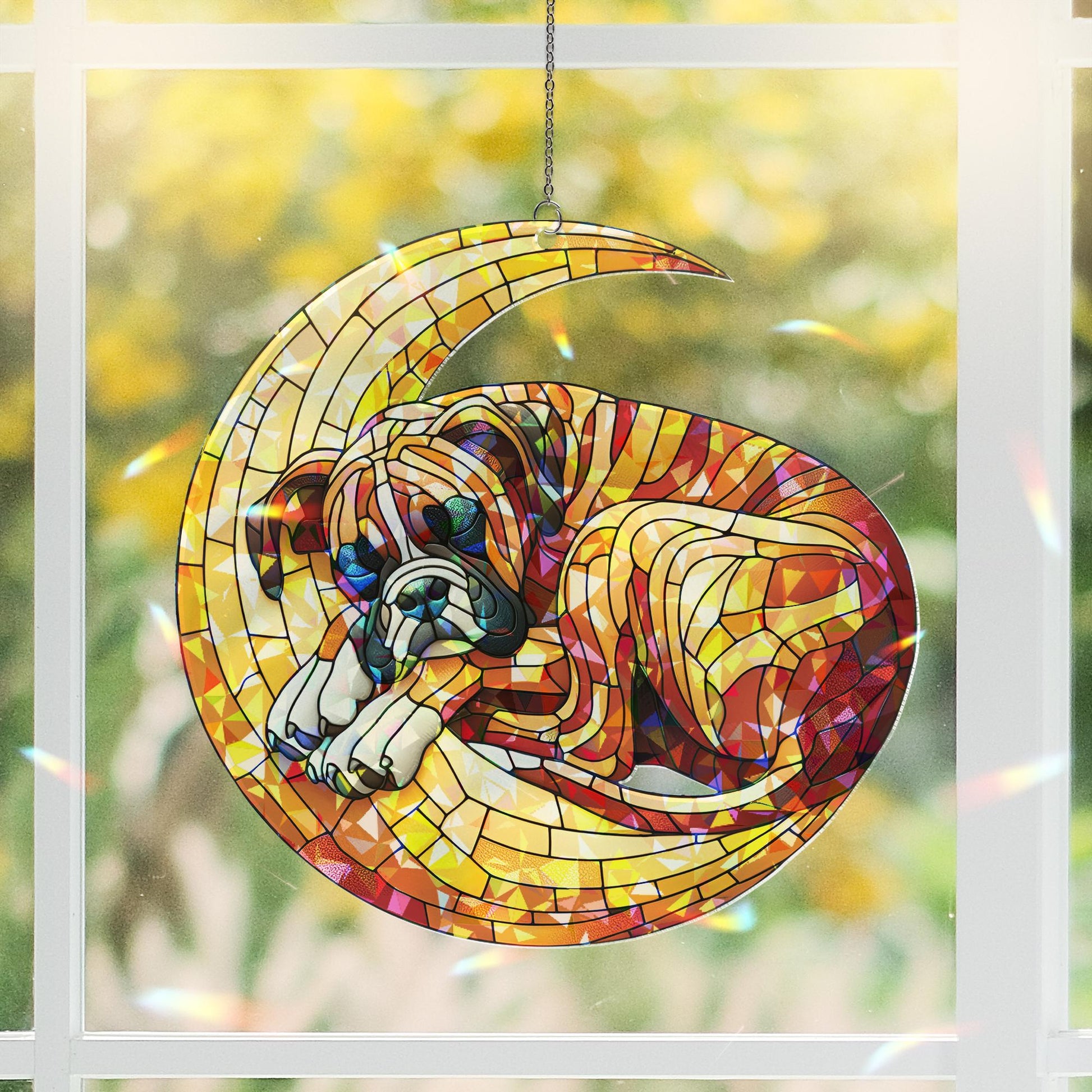 ACRYLIC Hologram Boxer dog  Sleep on Crescent Moon Window Hanging, Dog Lover Gift, Adorable Suncatcher Decor for Dog Moms