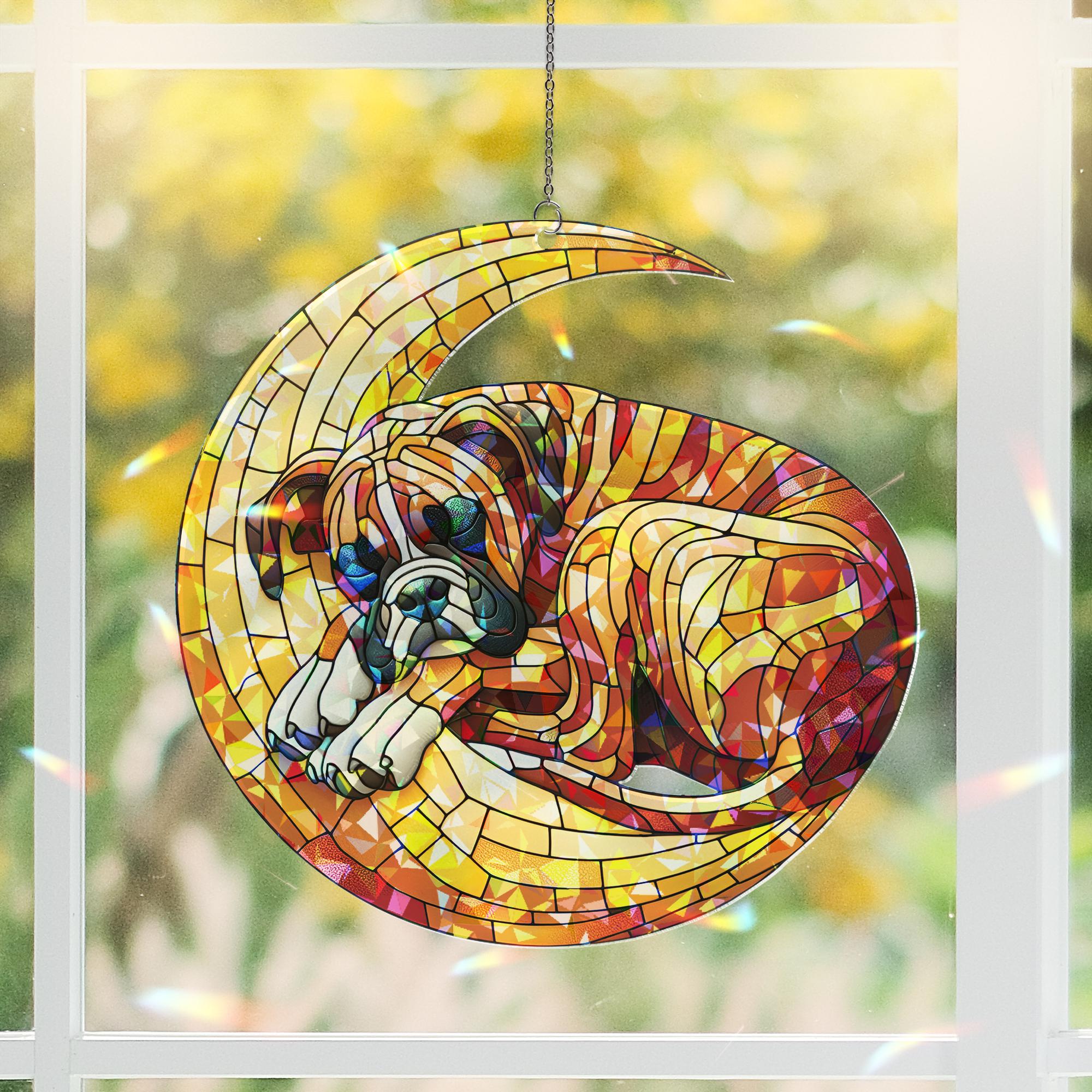 ACRYLIC Hologram Boxer dog  Sleep on Crescent Moon Window Hanging, Dog Lover Gift, Adorable Suncatcher Decor for Dog Moms