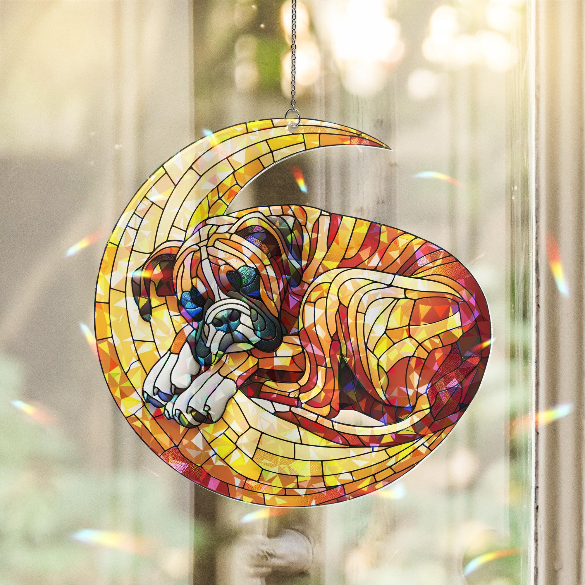ACRYLIC Hologram Boxer dog  Sleep on Crescent Moon Window Hanging, Dog Lover Gift, Adorable Suncatcher Decor for Dog Moms