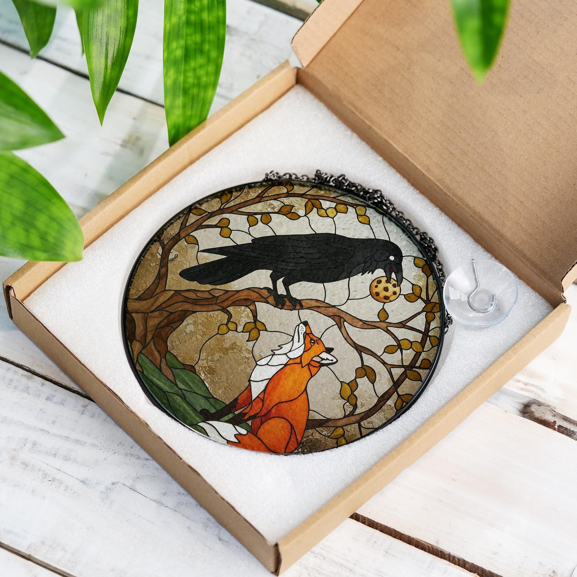 Raven and Fox glass suncatcher, Dark Academia Nature Landscape Decor - Unique Gift for Crow and Fox Lovers, Stylish Home Accents