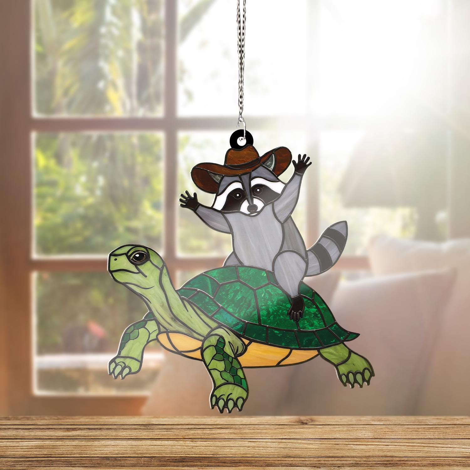 Raccoon Cowboy Riding Turtle ACRYLIC Window Hanging, Funny Raccoon Decor, Funny Animal Decor, Funny Gift Idea, Turtle Decor, Funny Cowboy