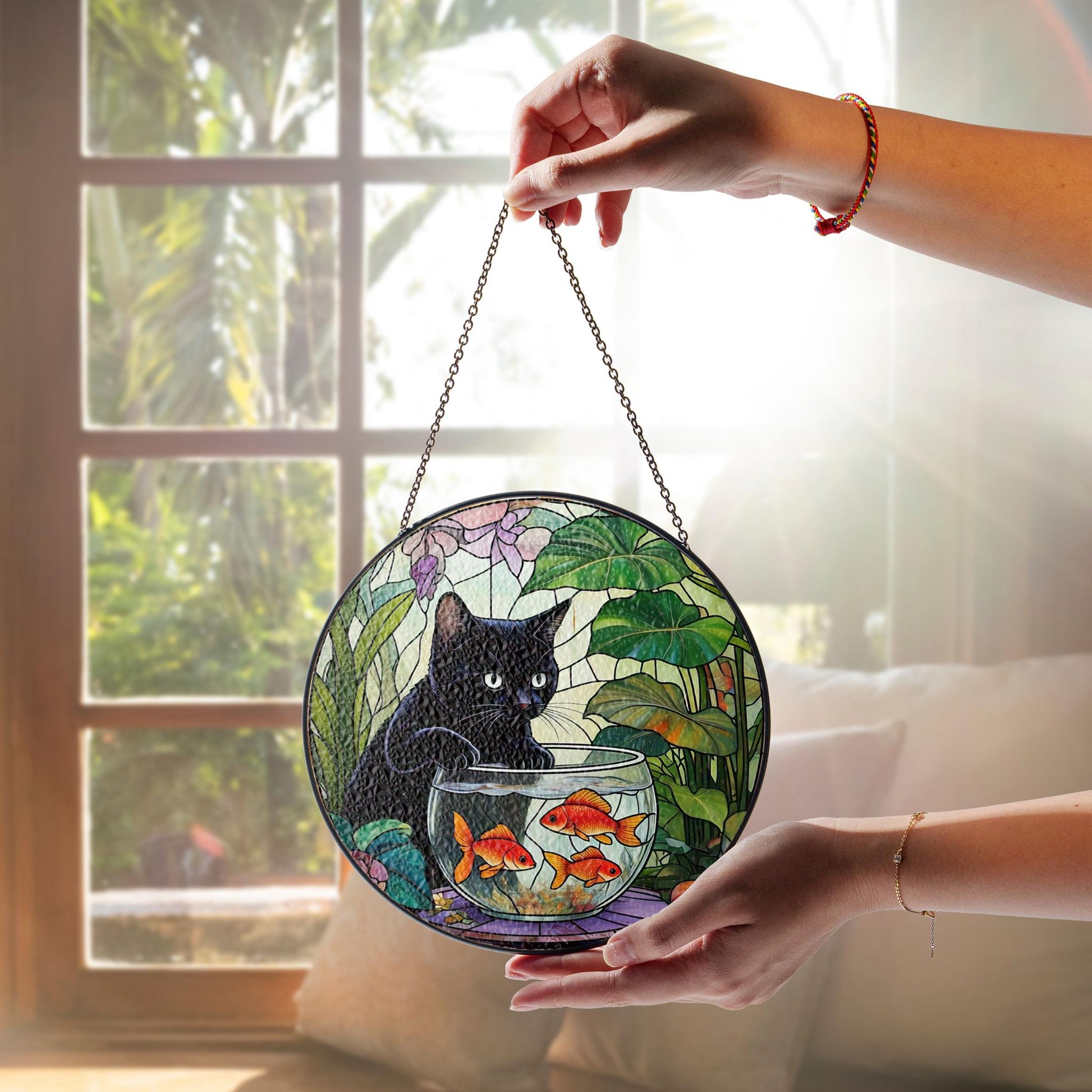 Goldfish With Black Cat Glass hanging, quirky glass suncatcher for fun home decor, perfect gift for black cat lovers and pet enthusiasts