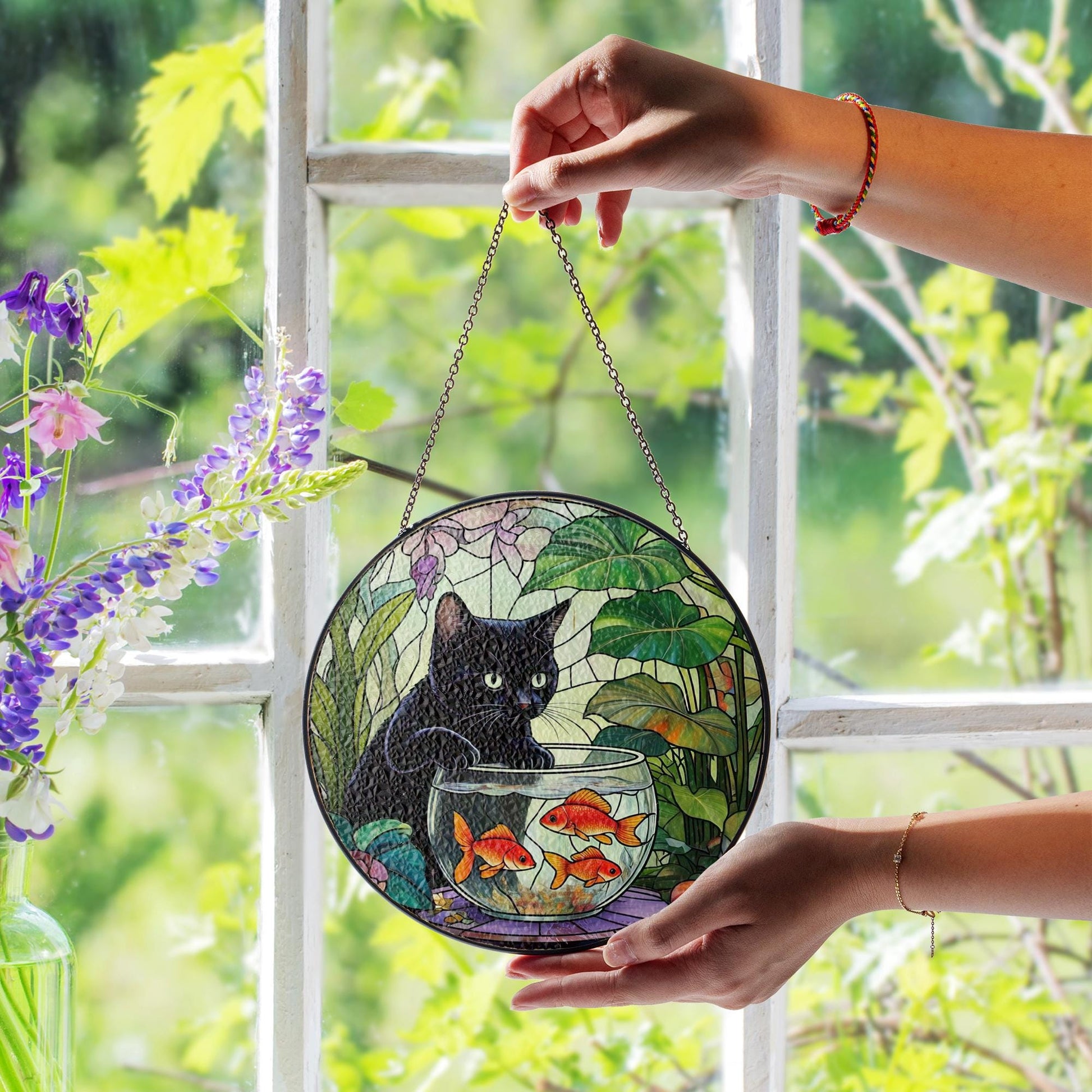 Goldfish With Black Cat Glass hanging, quirky glass suncatcher for fun home decor, perfect gift for black cat lovers and pet enthusiasts
