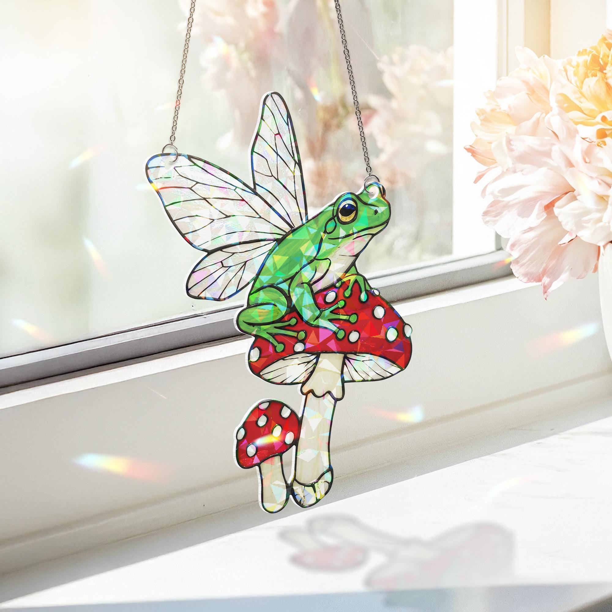 Fairy Frog On Mushroom Hologram Acrylic Window Decor, Cute Frog Decor, Vintage Frog Gift, Botanical Decor, Frog Lover Gift, Cottagecore Gift