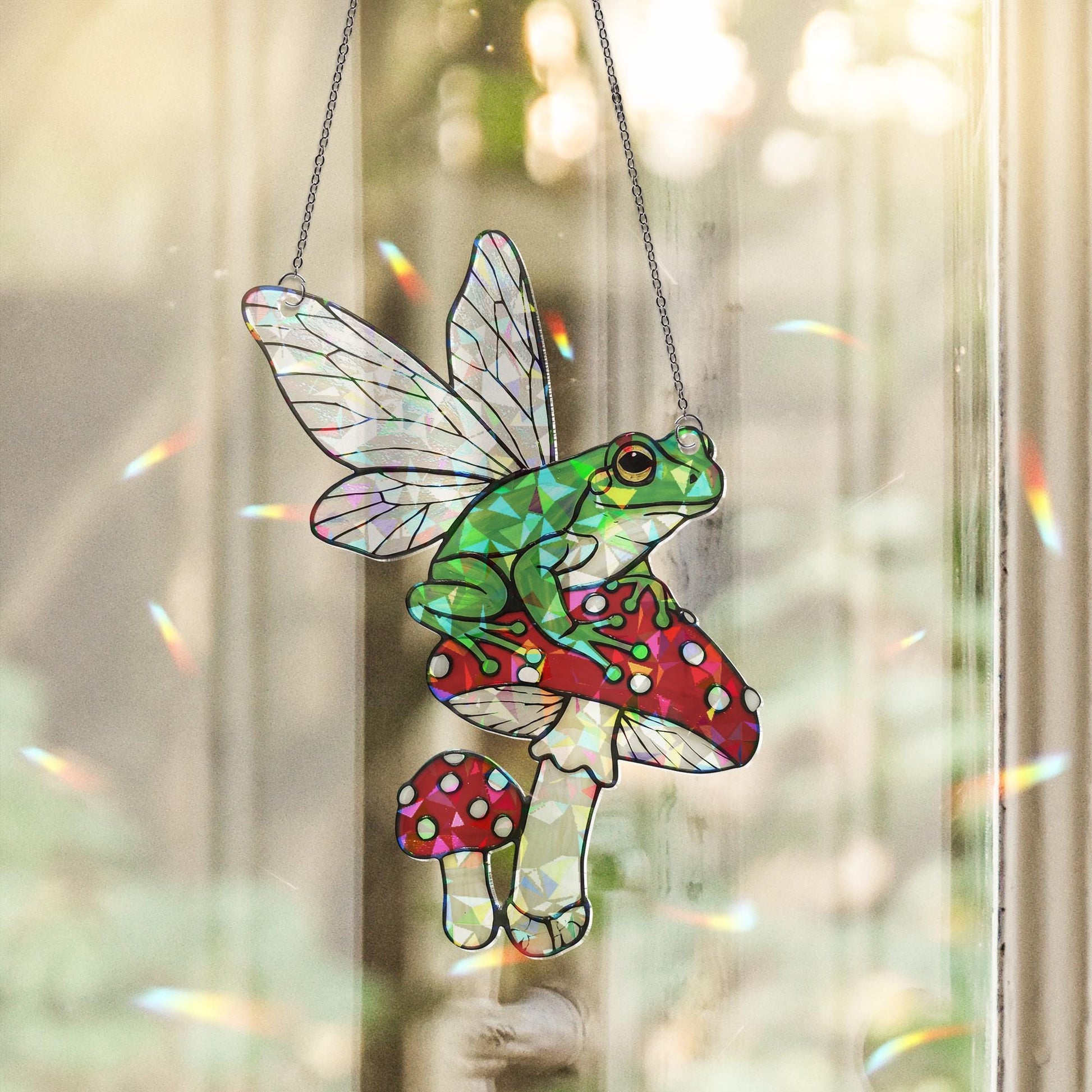 Fairy Frog On Mushroom Hologram Acrylic Window Decor, Cute Frog Decor, Vintage Frog Gift, Botanical Decor, Frog Lover Gift, Cottagecore Gift