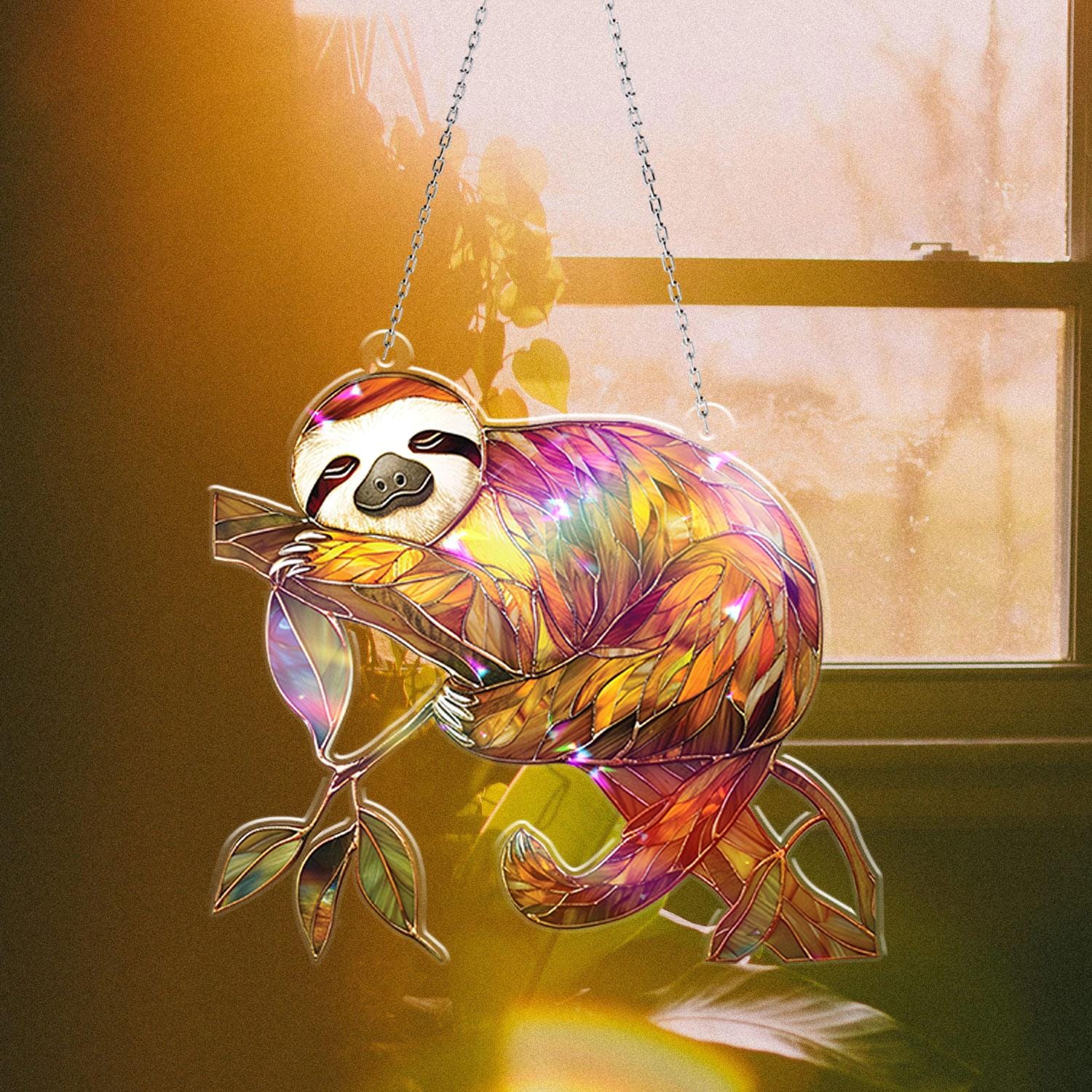 Cute Sloth Sleeping On Branch Acrylic Window Hanging, Stunning Nature Sloth Hologram Decor for Cozy Home Gift
