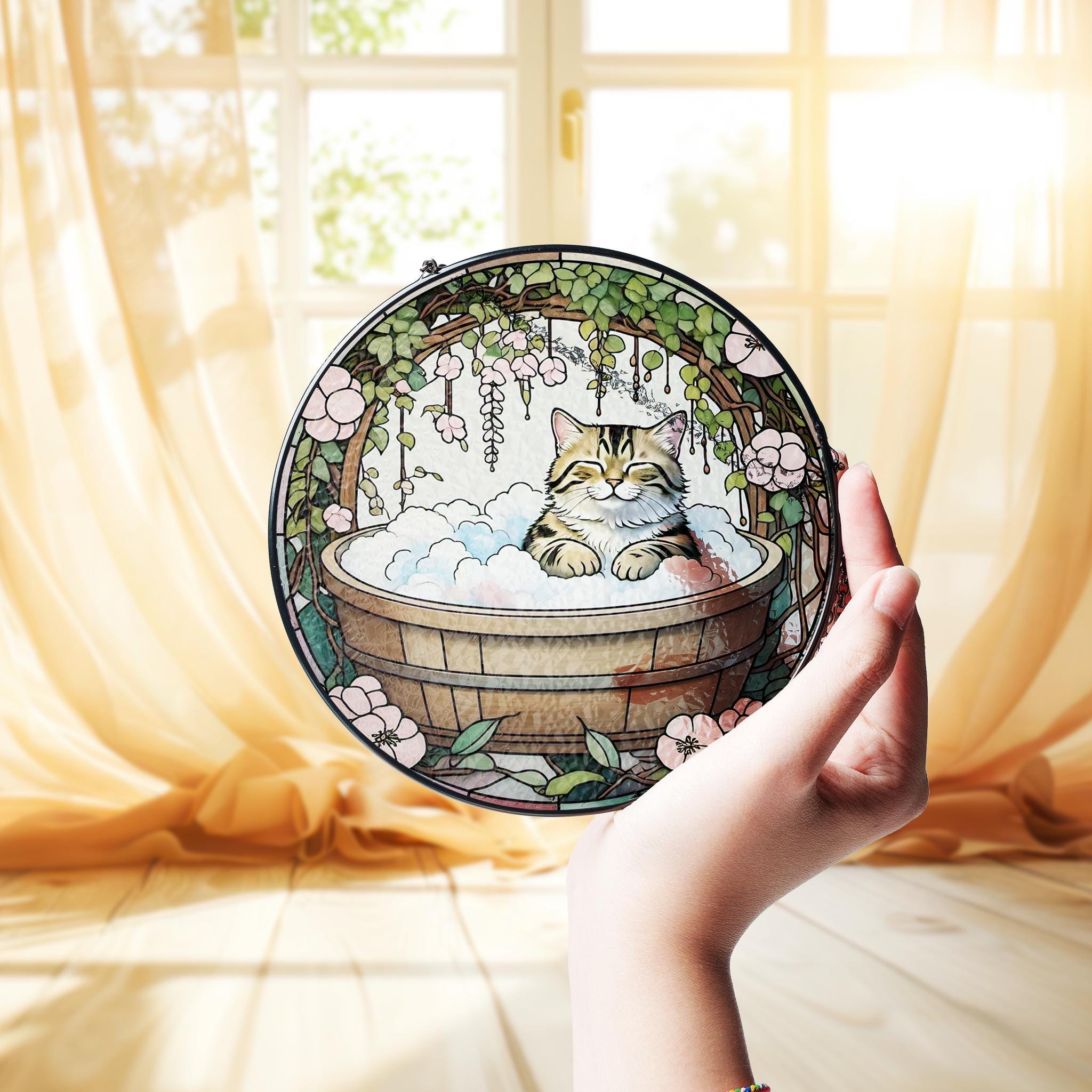 Japandi StyleTabby Cat in Bathroom Glass Suncatcher, Adorable Cat Glass Decor for Bathrooms, Perfect for Cat Lovers Gift