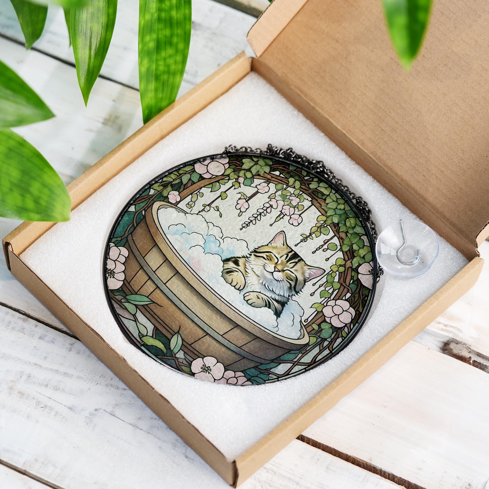 Japandi StyleTabby Cat in Bathroom Glass Suncatcher, Adorable Cat Glass Decor for Bathrooms, Perfect for Cat Lovers Gift