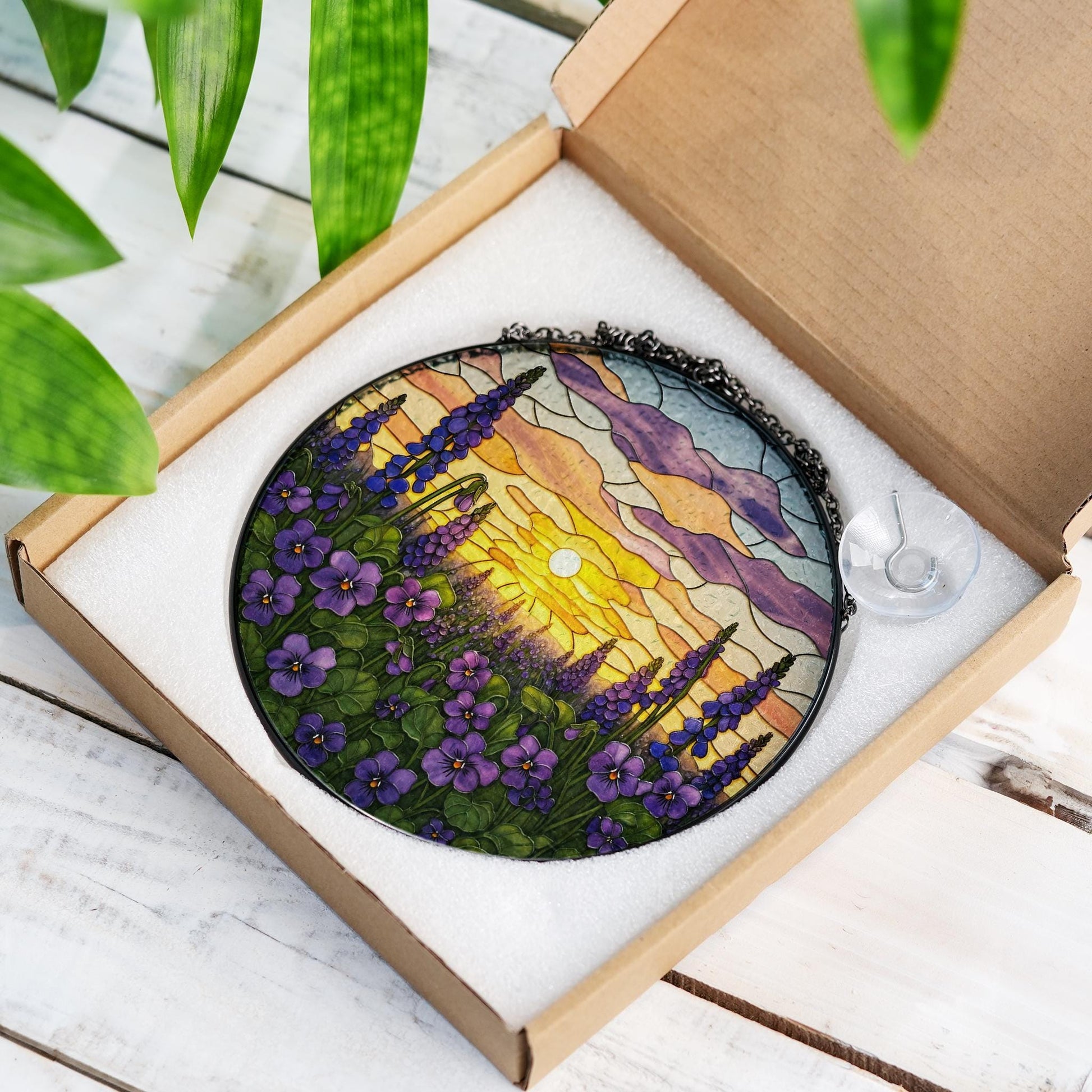 Violet Glass Suncatcher, Sunset Landscape Design, Perfect Decoration for Home, Thoughtful Mother's Day Gift for Moms
