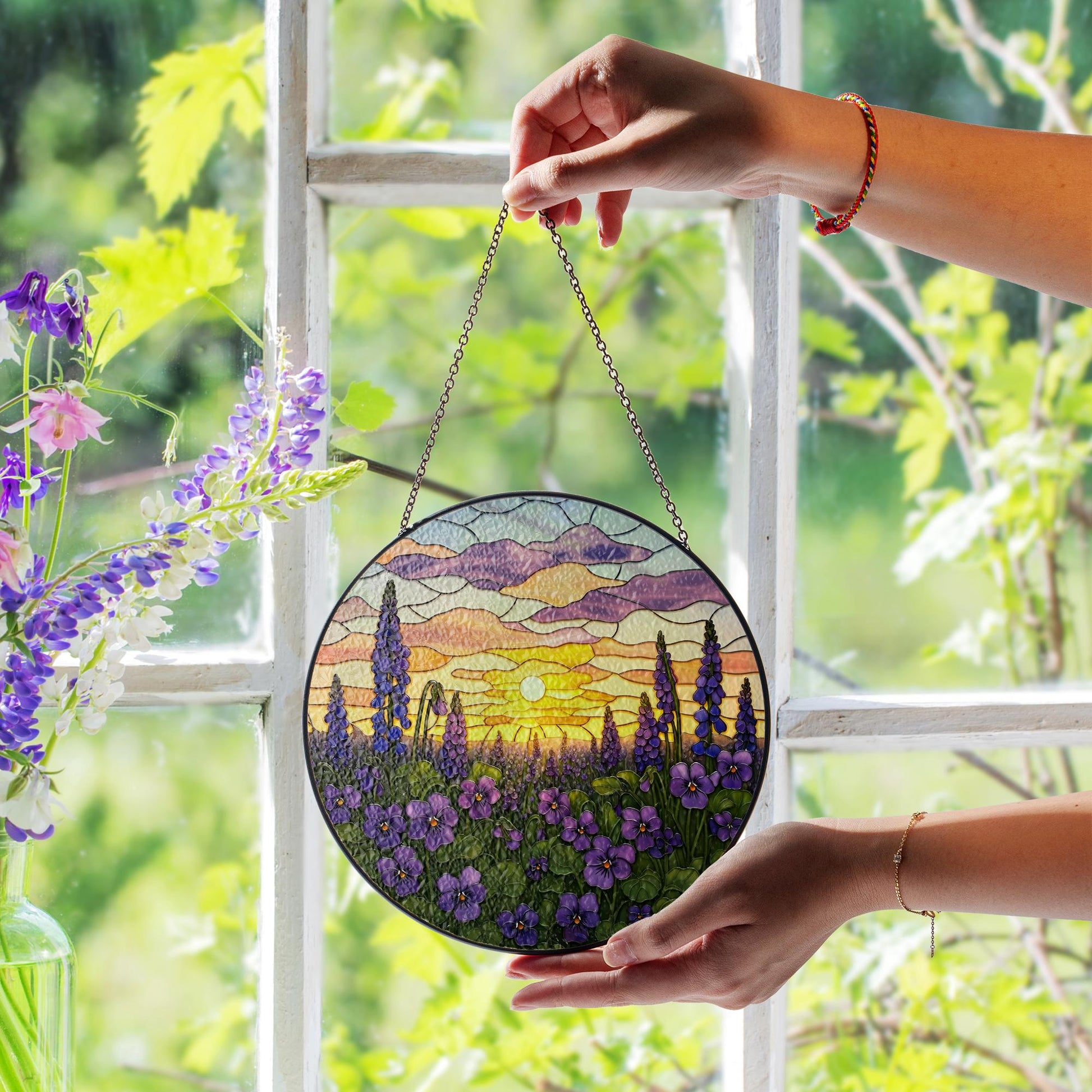 Violet Glass Suncatcher, Sunset Landscape Design, Perfect Decoration for Home, Thoughtful Mother's Day Gift for Moms