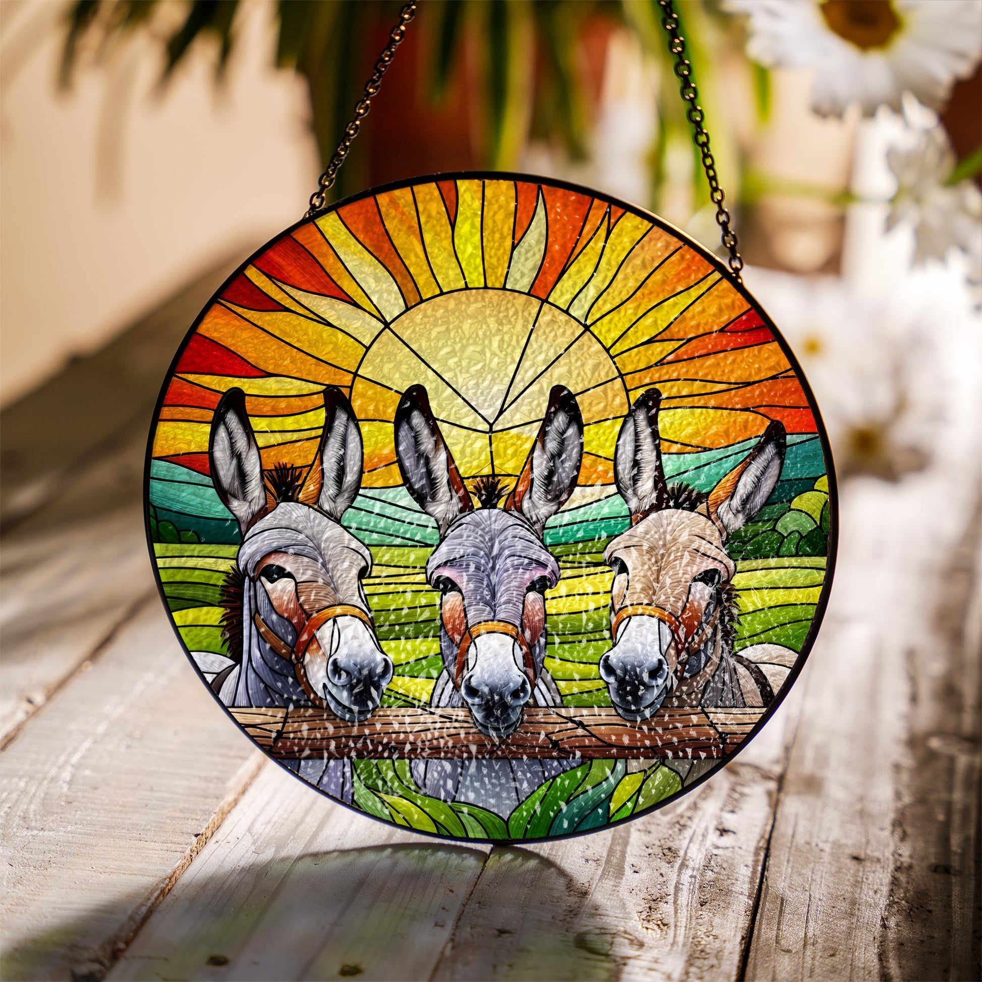 Donkeys Peeking Glass Suncatcher, Charming Sunset Landscape Art, Perfect for Farmhouse Living Room Décor, Funny donkey