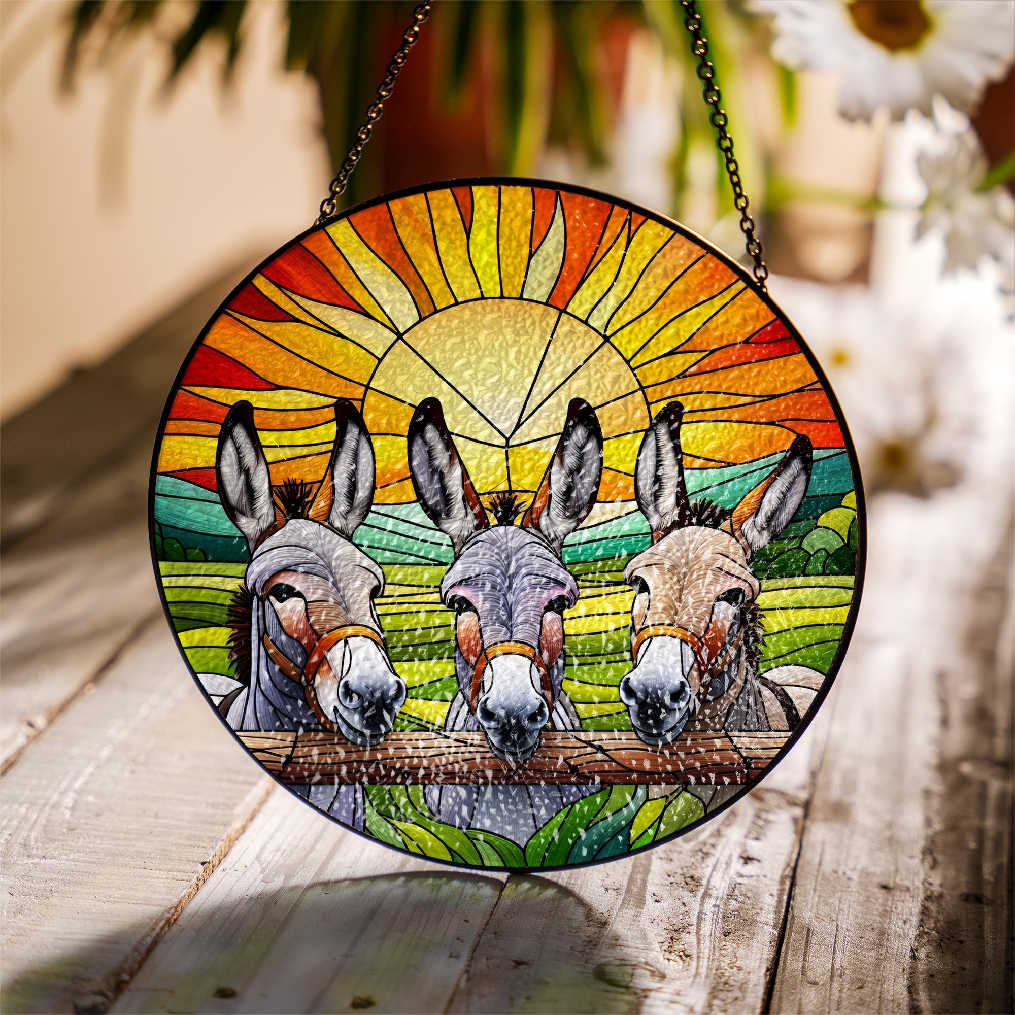 Donkeys Peeking Glass Suncatcher, Charming Sunset Landscape Art, Perfect for Farmhouse Living Room Décor, Funny donkey