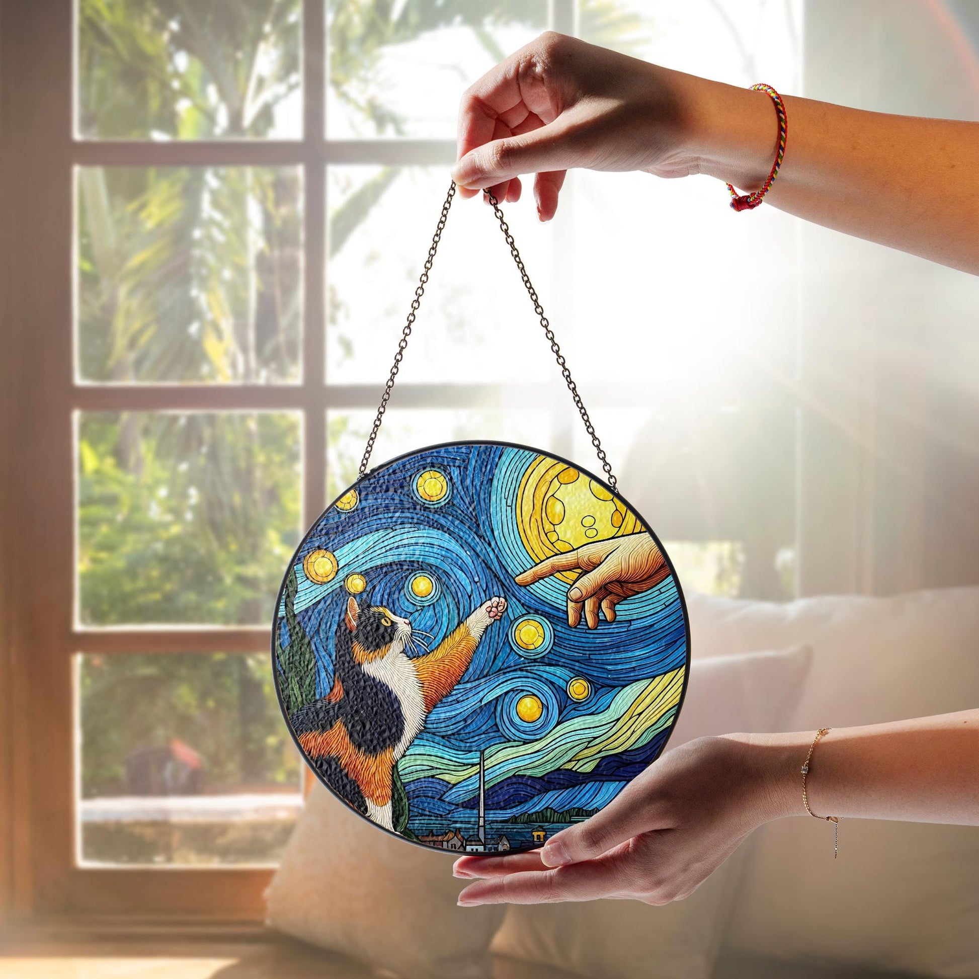 Starry Night Calico cat touching hand glass hanging, cat glass suncatcher, perfect memorial gift for cat lovers and pet remembrance