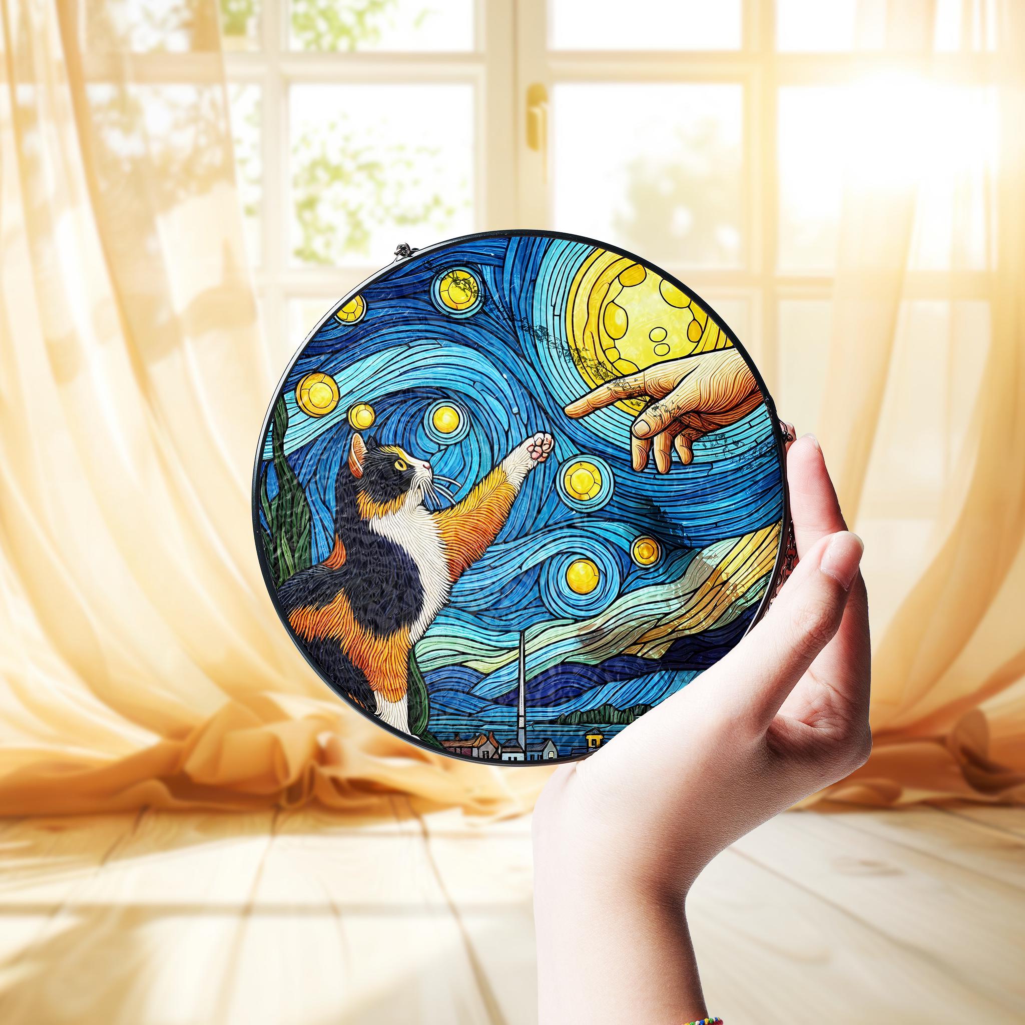 Starry Night Calico cat touching hand glass hanging, cat glass suncatcher, perfect memorial gift for cat lovers and pet remembrance