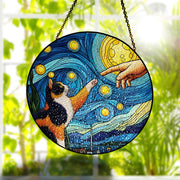 Starry Night Calico cat touching hand glass hanging, cat glass suncatcher, perfect memorial gift for cat lovers and pet remembrance