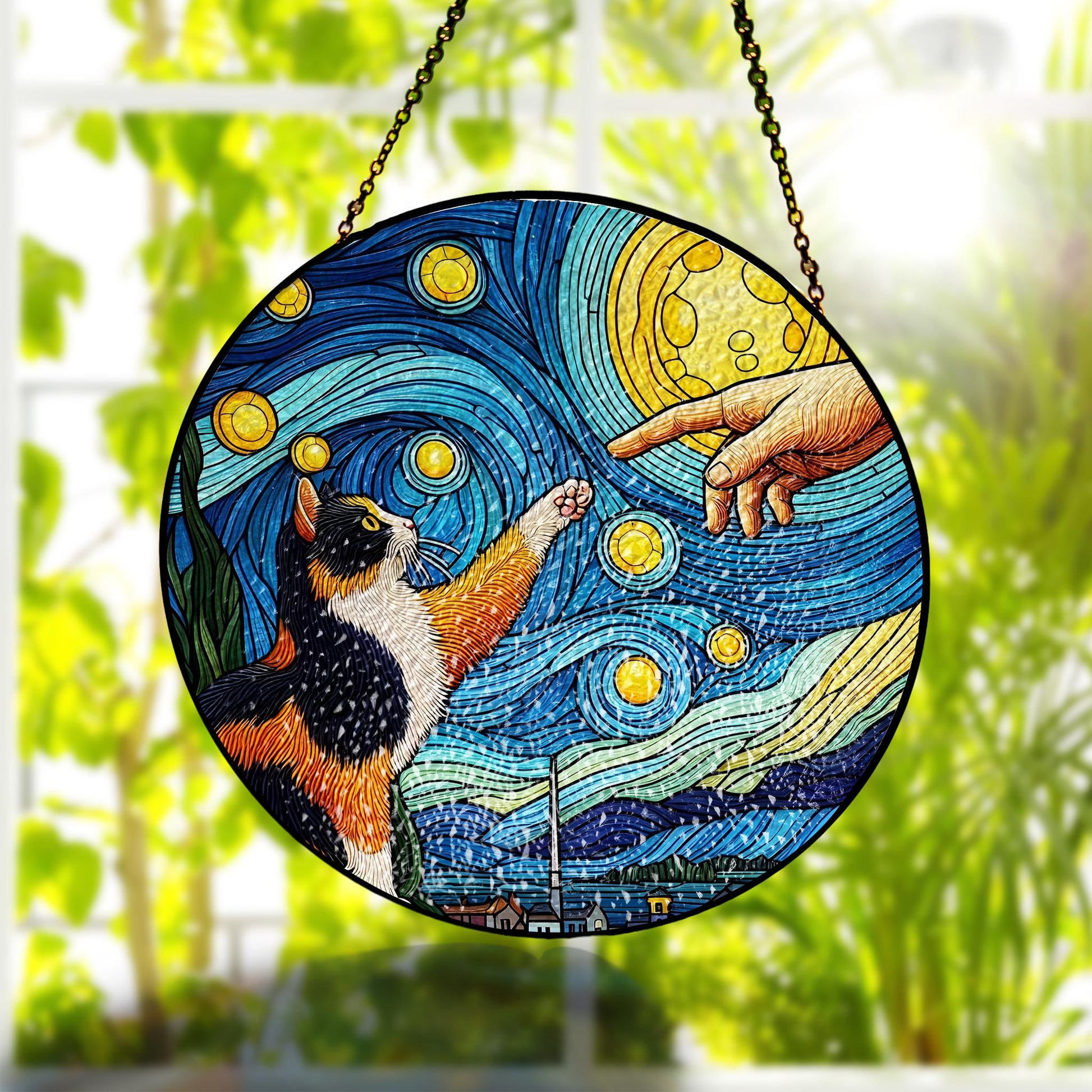 Starry Night Calico cat touching hand glass hanging, cat glass suncatcher, perfect memorial gift for cat lovers and pet remembrance