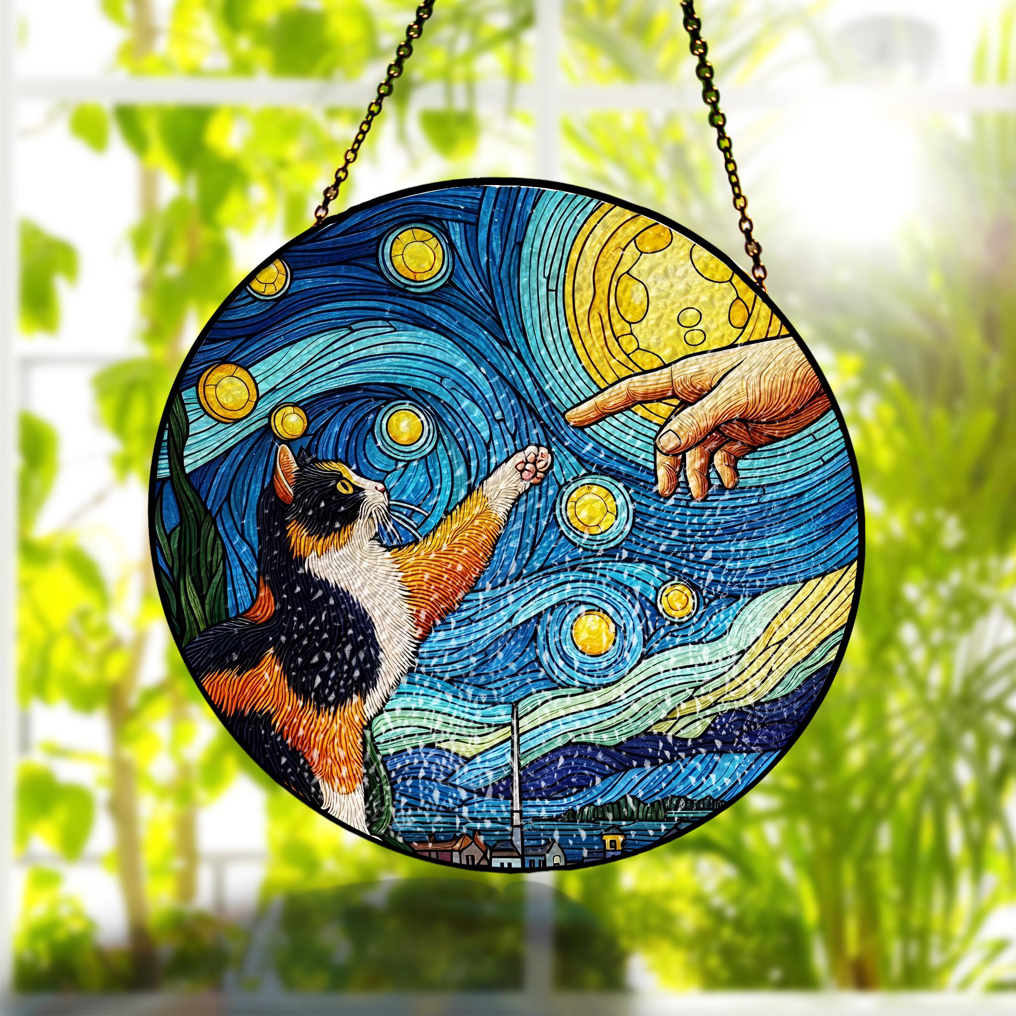 Starry Night Calico cat touching hand glass hanging, cat glass suncatcher, perfect memorial gift for cat lovers and pet remembrance