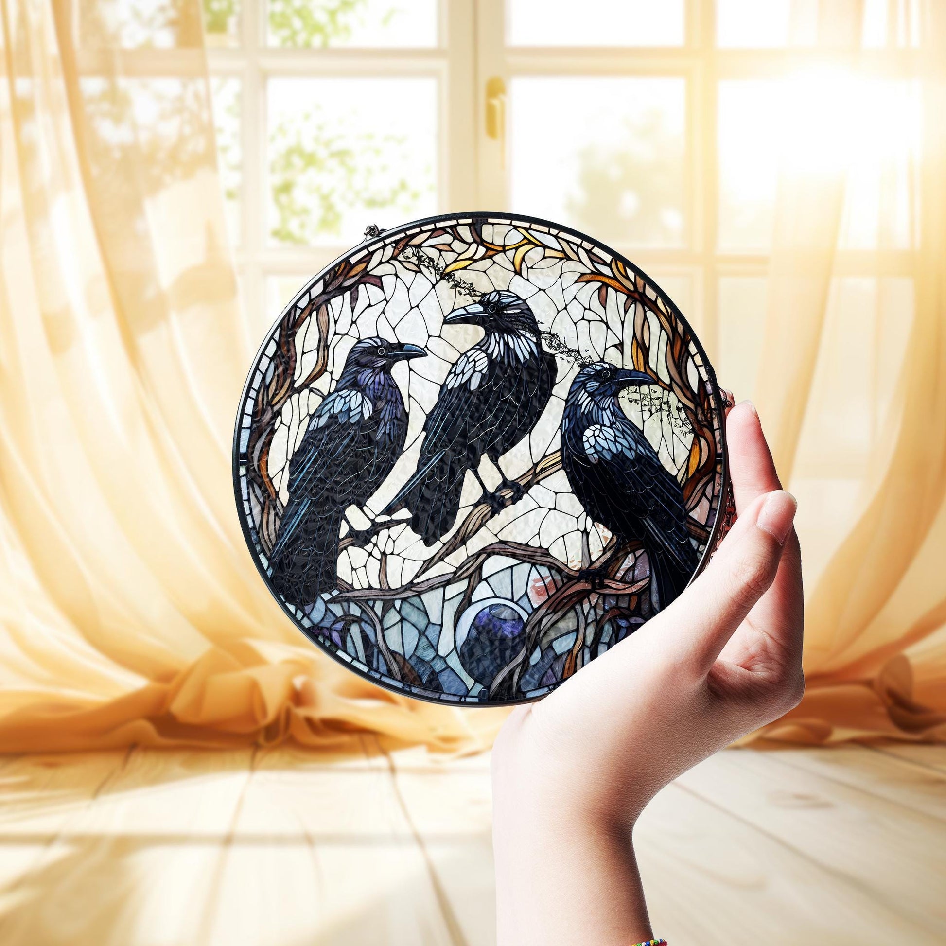 Three Crows on Branch, Ravens Glass Suncatcher, Dark Academia Home Decor, Nature-Inspired Art for Unique Spaces