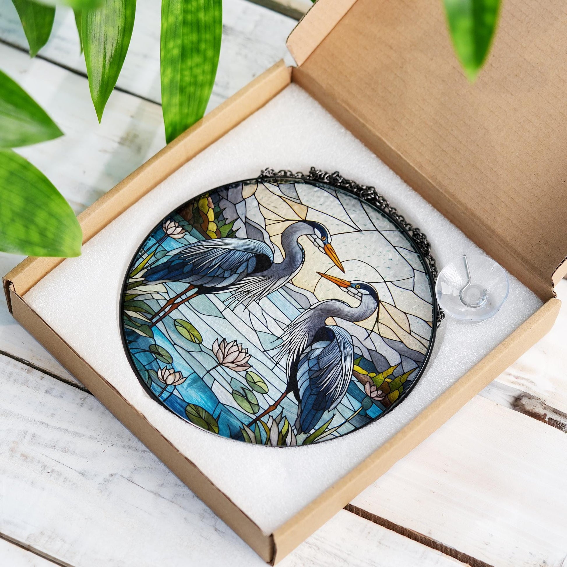 Blue Grey Herons Couple Glass Suncatcher, Perfect Nature Landscape Home Décor for Bird Lovers and Couples Gift