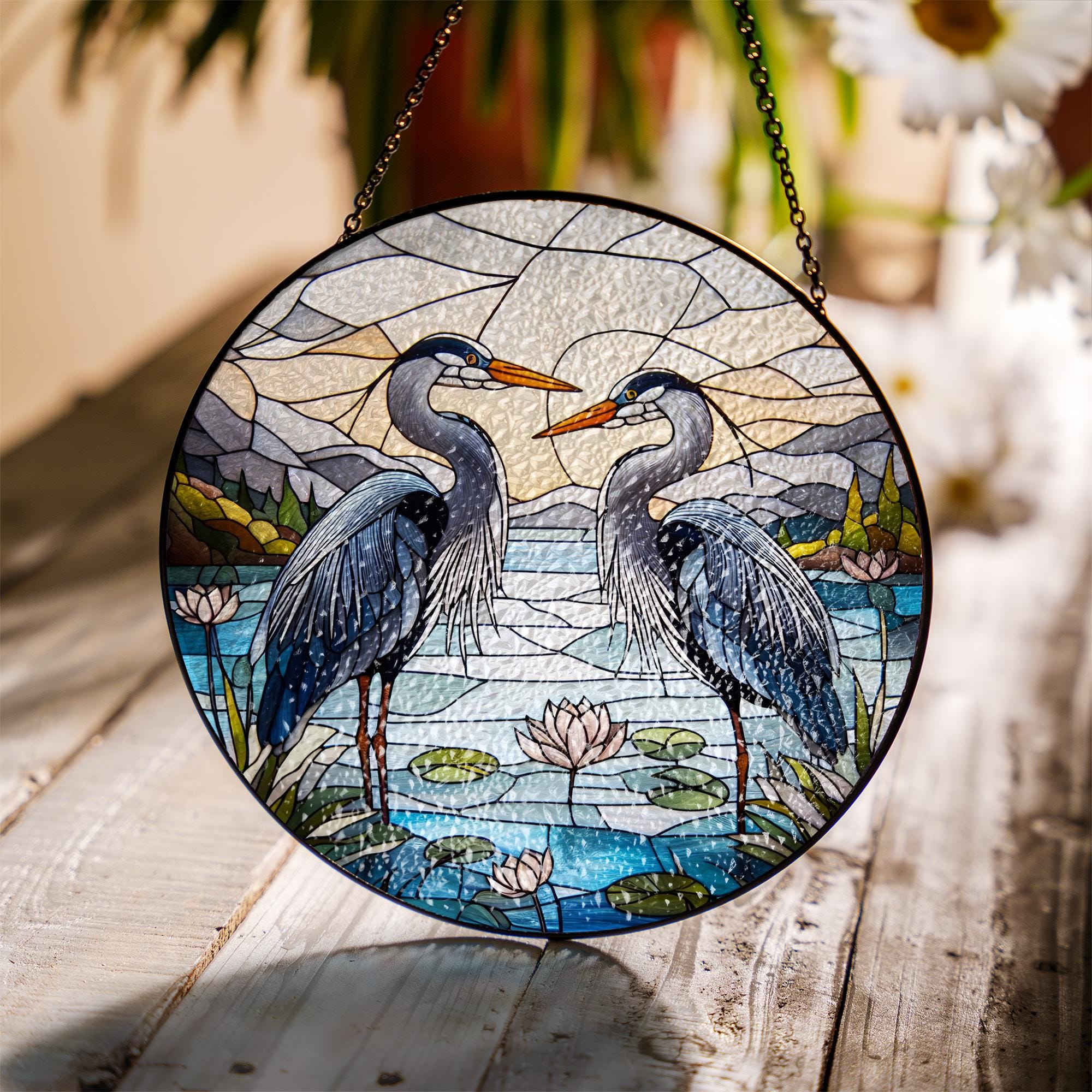 Blue Grey Herons Couple Glass Suncatcher, Perfect Nature Landscape Home Décor for Bird Lovers and Couples Gift