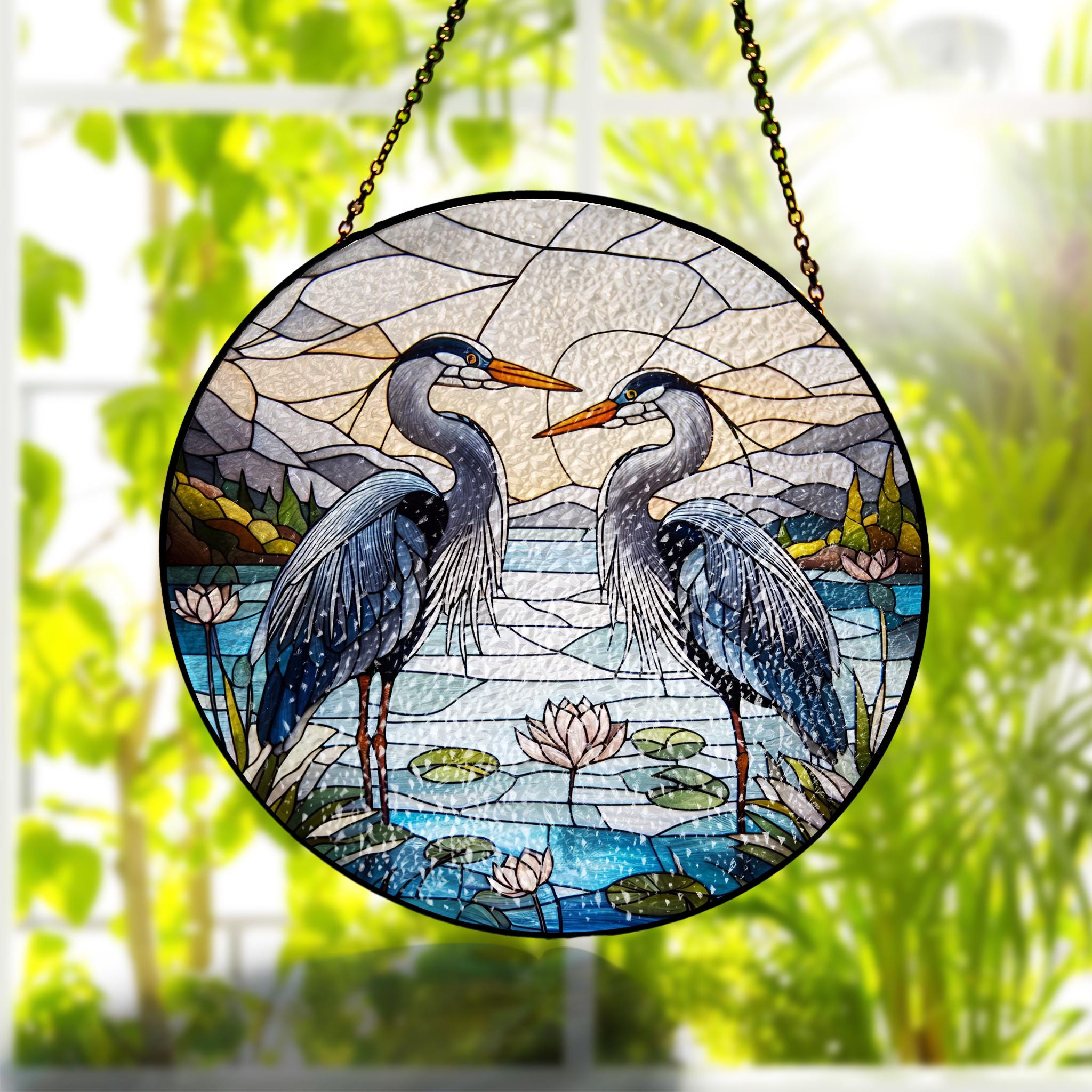 Blue Grey Herons Couple Glass Suncatcher, Perfect Nature Landscape Home Décor for Bird Lovers and Couples Gift