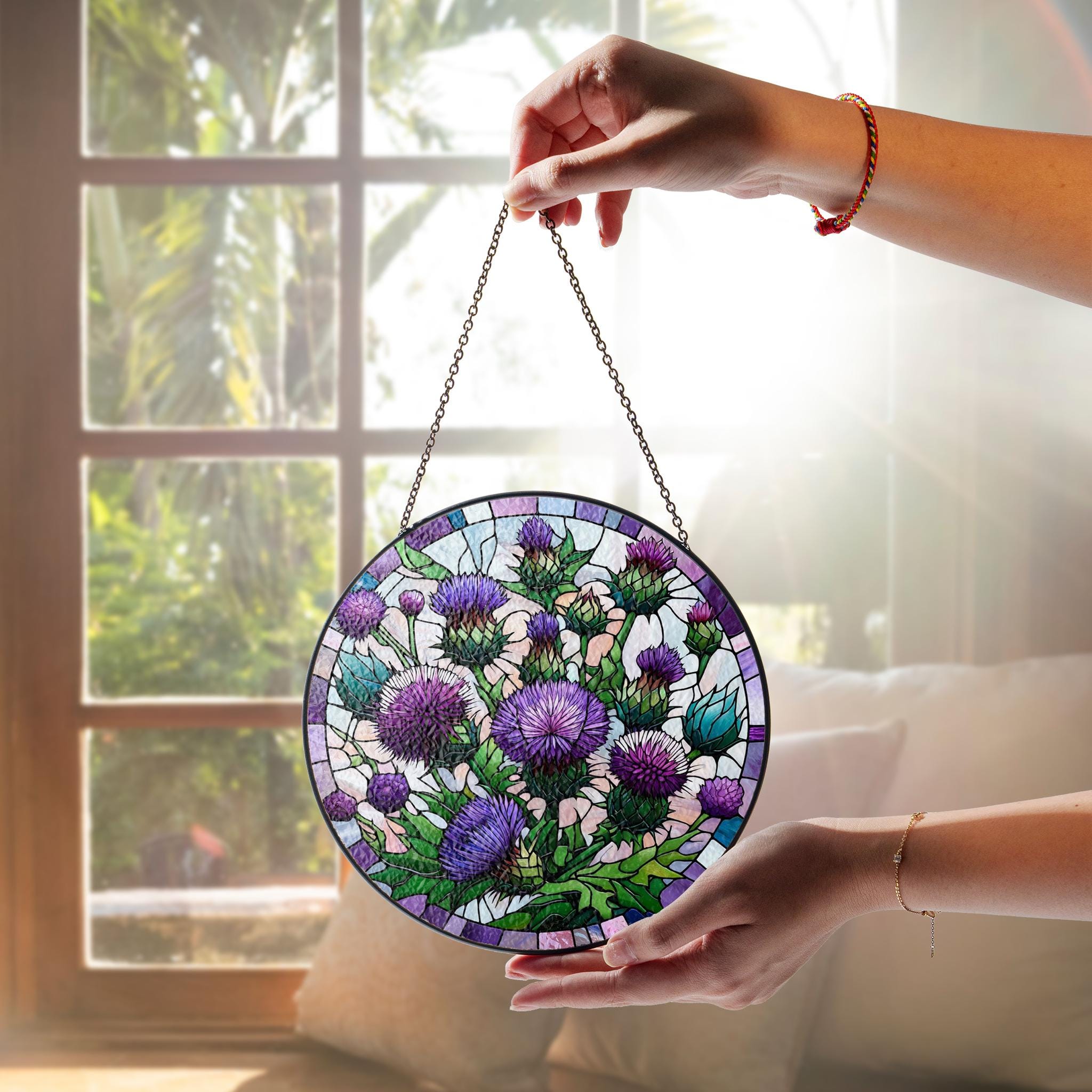 Purple thistles glass suncatcher, beautiful nature-inspired decoration, perfect for thistles lovers gift, indoor plant hanging