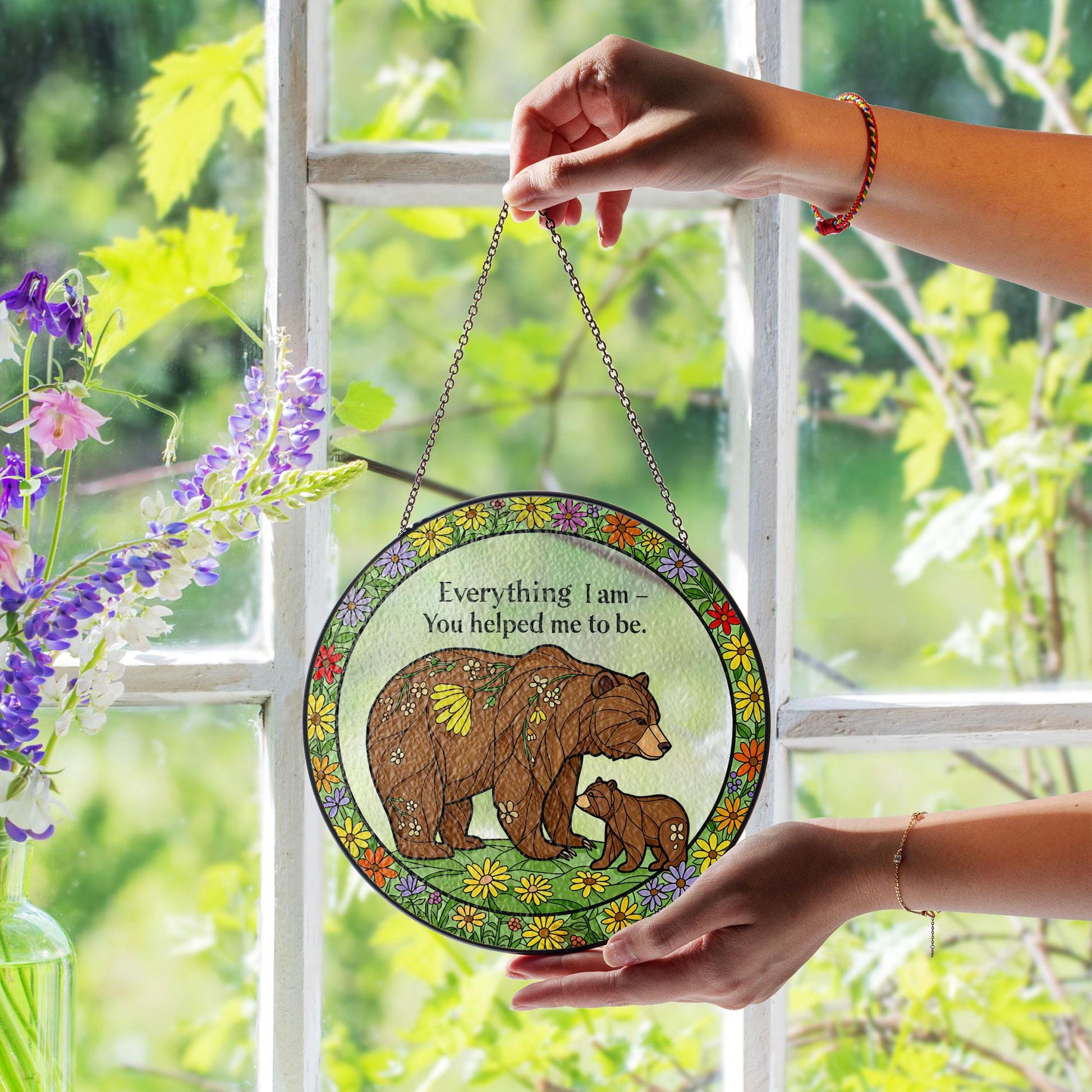Gift For Mom, Bear Mama & Kid Glass Suncatcher, Everything I Am You Helped Me To Be Suncatcher, Mama Bear Sign Decor, Mother's Day Gift