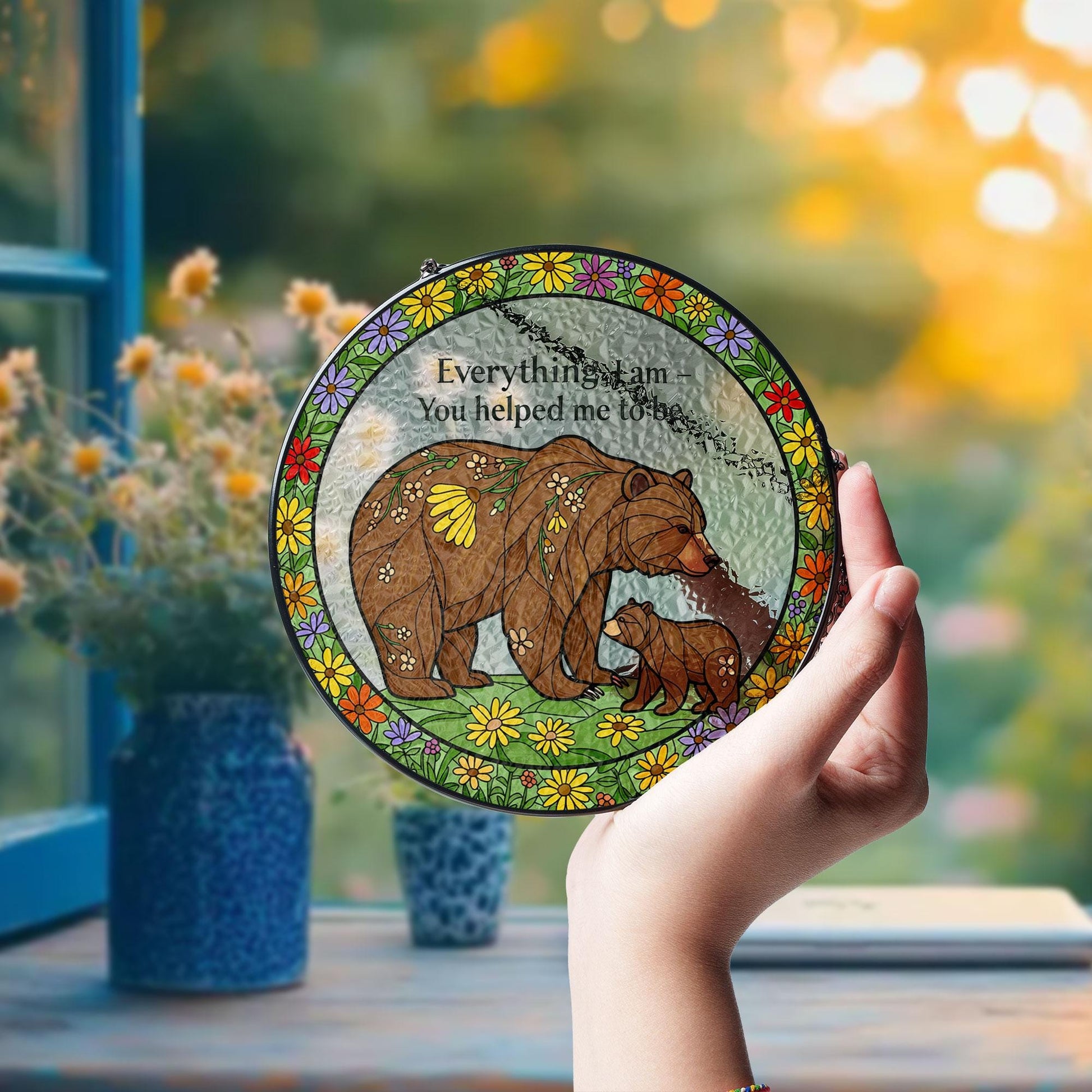 Gift For Mom, Bear Mama & Kid Glass Suncatcher, Everything I Am You Helped Me To Be Suncatcher, Mama Bear Sign Decor, Mother's Day Gift