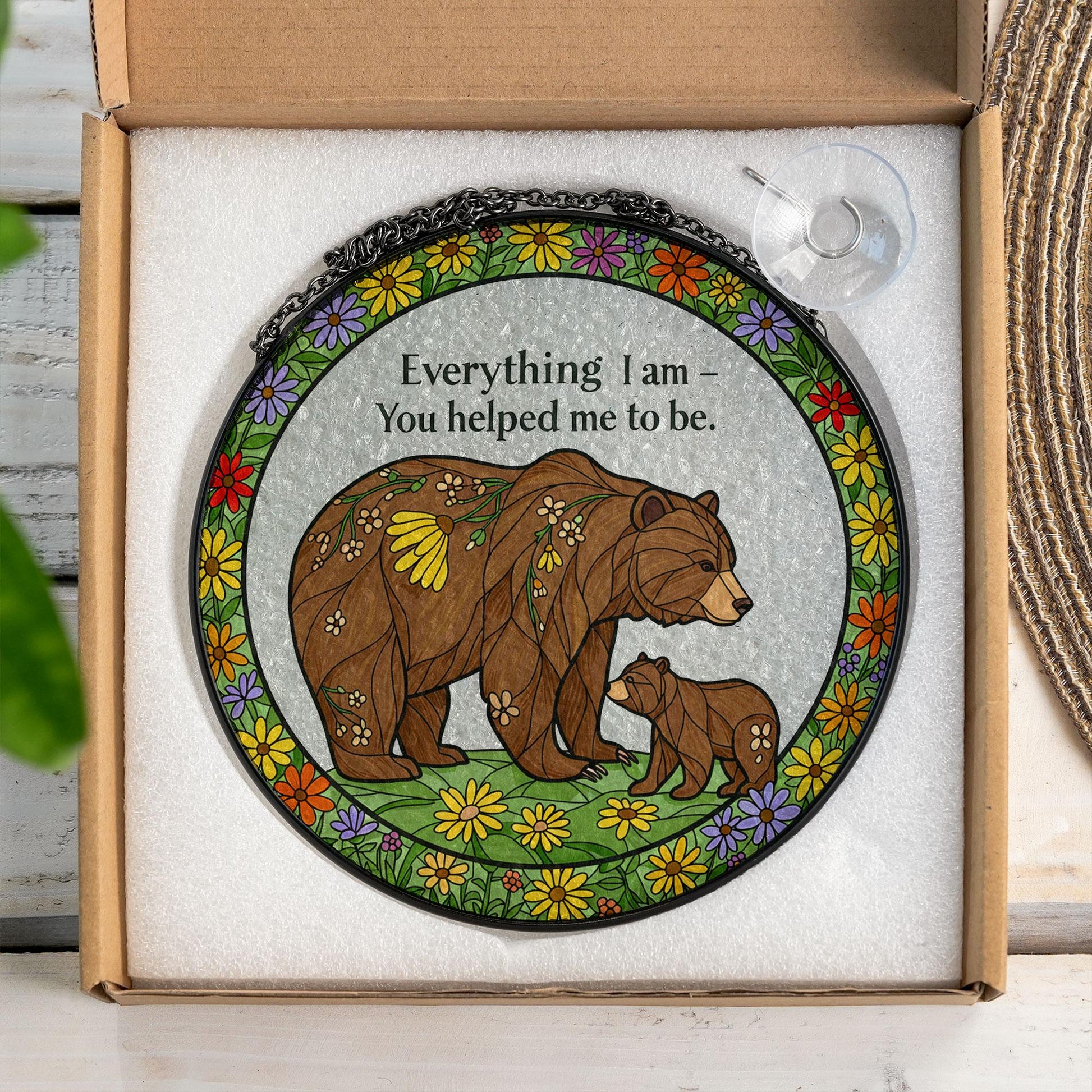 Gift For Mom, Bear Mama & Kid Glass Suncatcher, Everything I Am You Helped Me To Be Suncatcher, Mama Bear Sign Decor, Mother's Day Gift