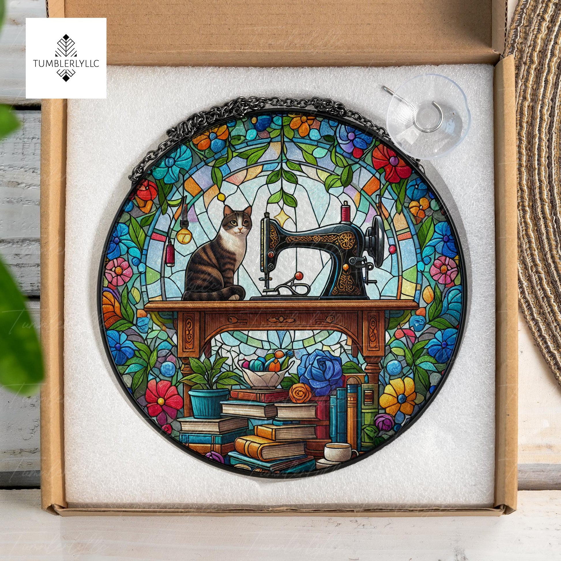 Sewing Machine and Tabby Cat Glass hanging, sewing machine  Glass Suncatcher, Playful Decor for Sewing Lovers, Perfect Gift for Sewers