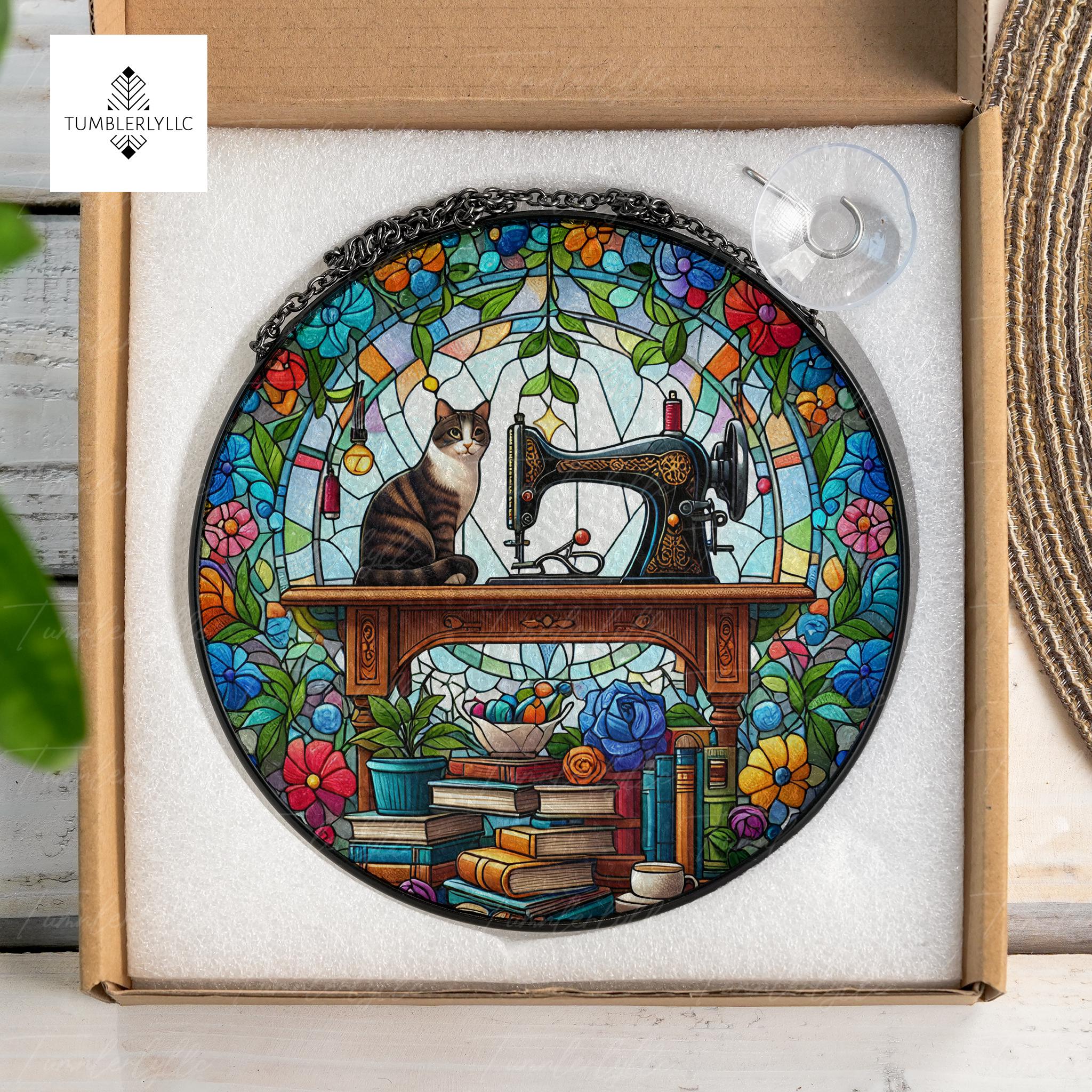 Sewing Machine and Tabby Cat Glass hanging, sewing machine  Glass Suncatcher, Playful Decor for Sewing Lovers, Perfect Gift for Sewers