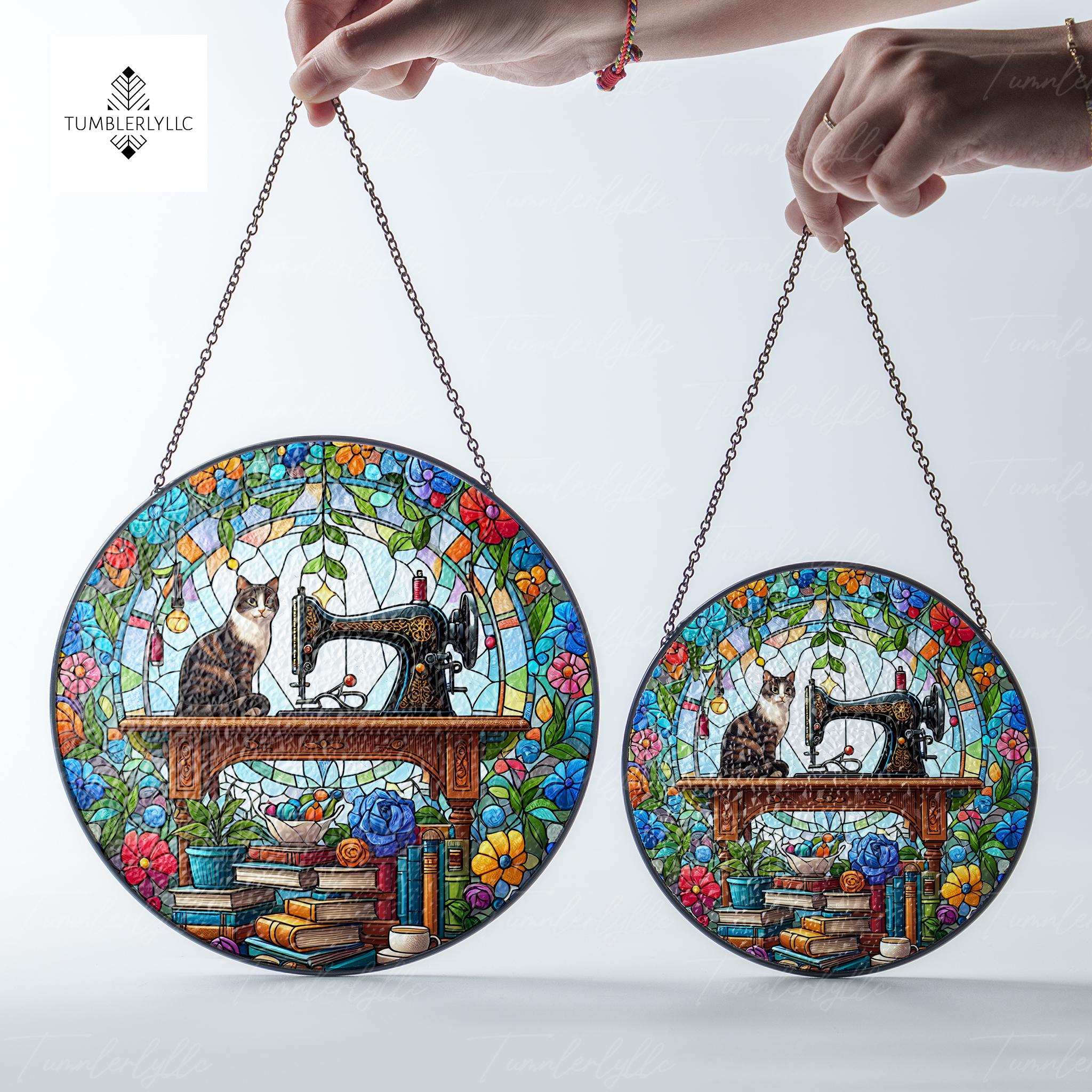 Sewing Machine and Tabby Cat Glass hanging, sewing machine  Glass Suncatcher, Playful Decor for Sewing Lovers, Perfect Gift for Sewers