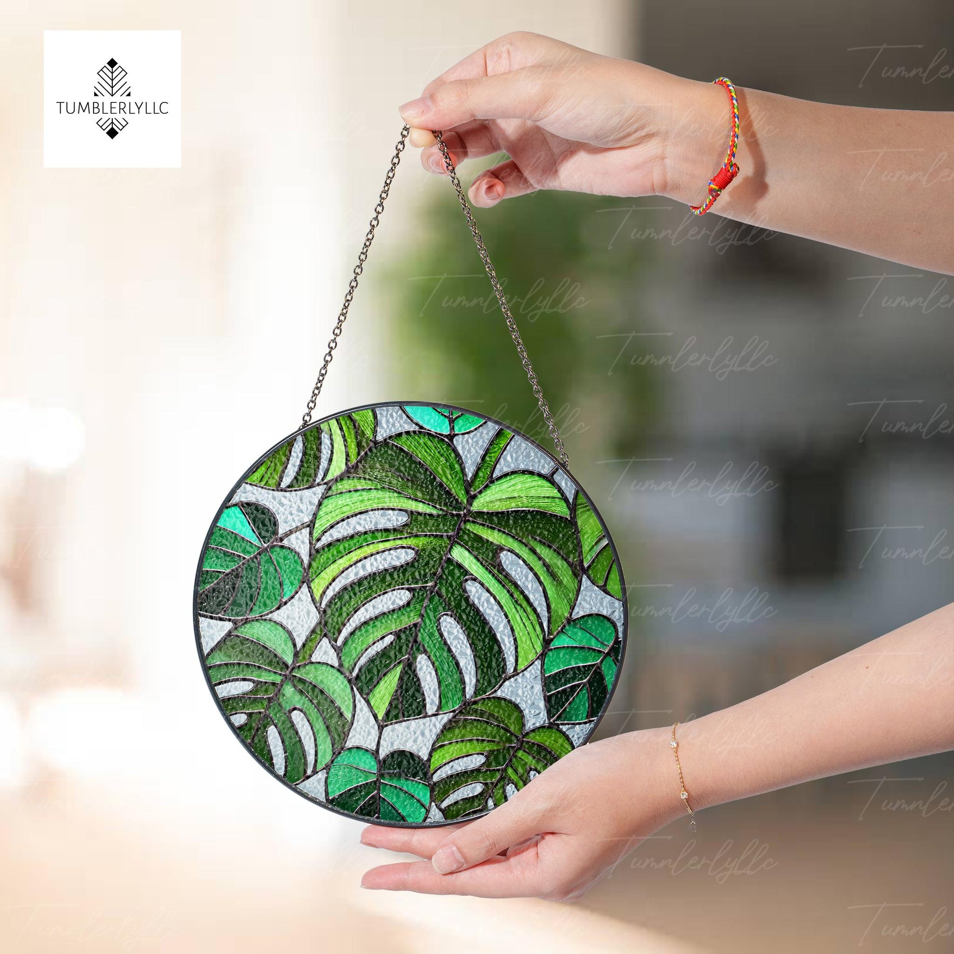 Monstera leaves glass suncatcher, vibrant tropical decor for indoor plants, perfect gift for plant lovers and home enthusiasts