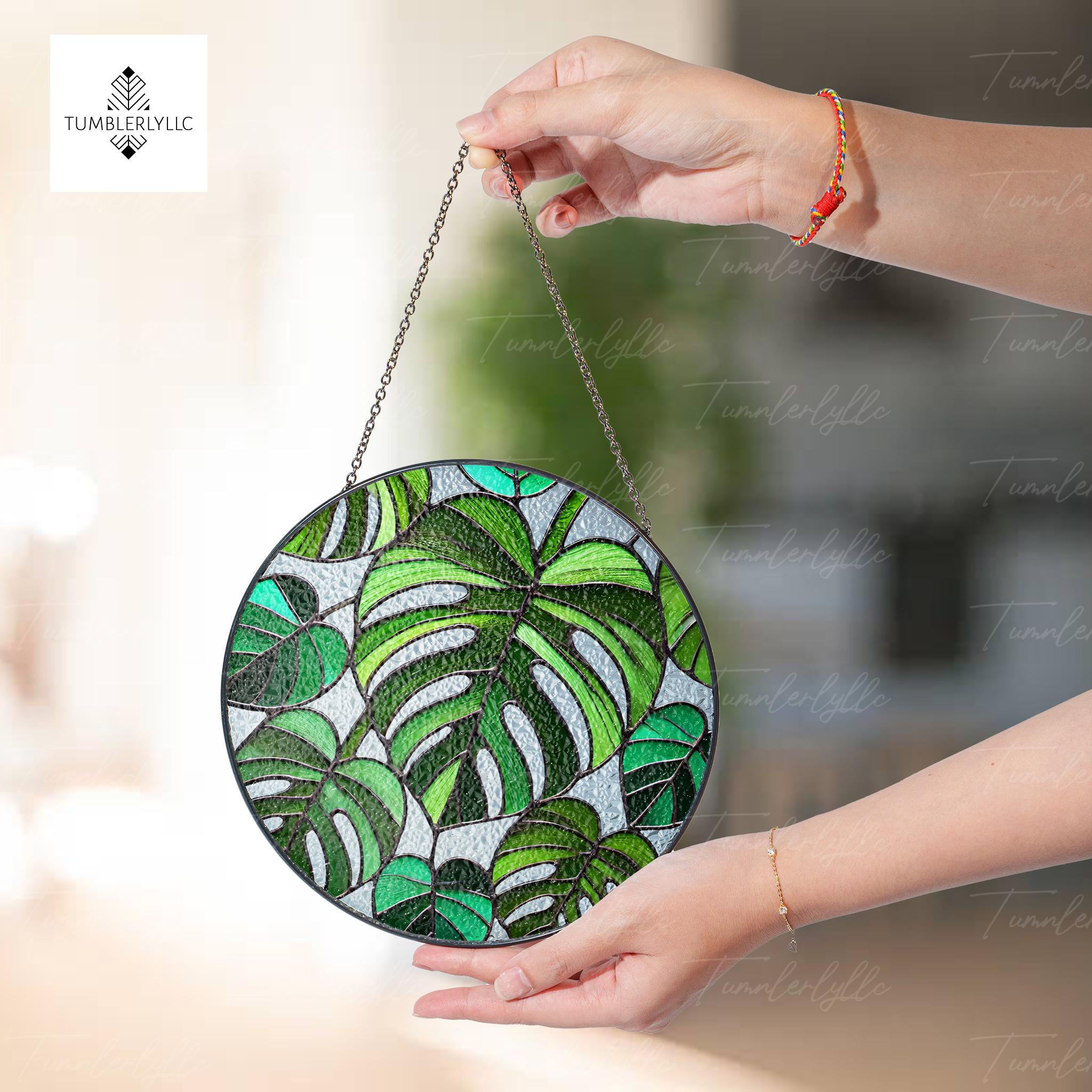 Monstera leaves glass suncatcher, vibrant tropical decor for indoor plants, perfect gift for plant lovers and home enthusiasts