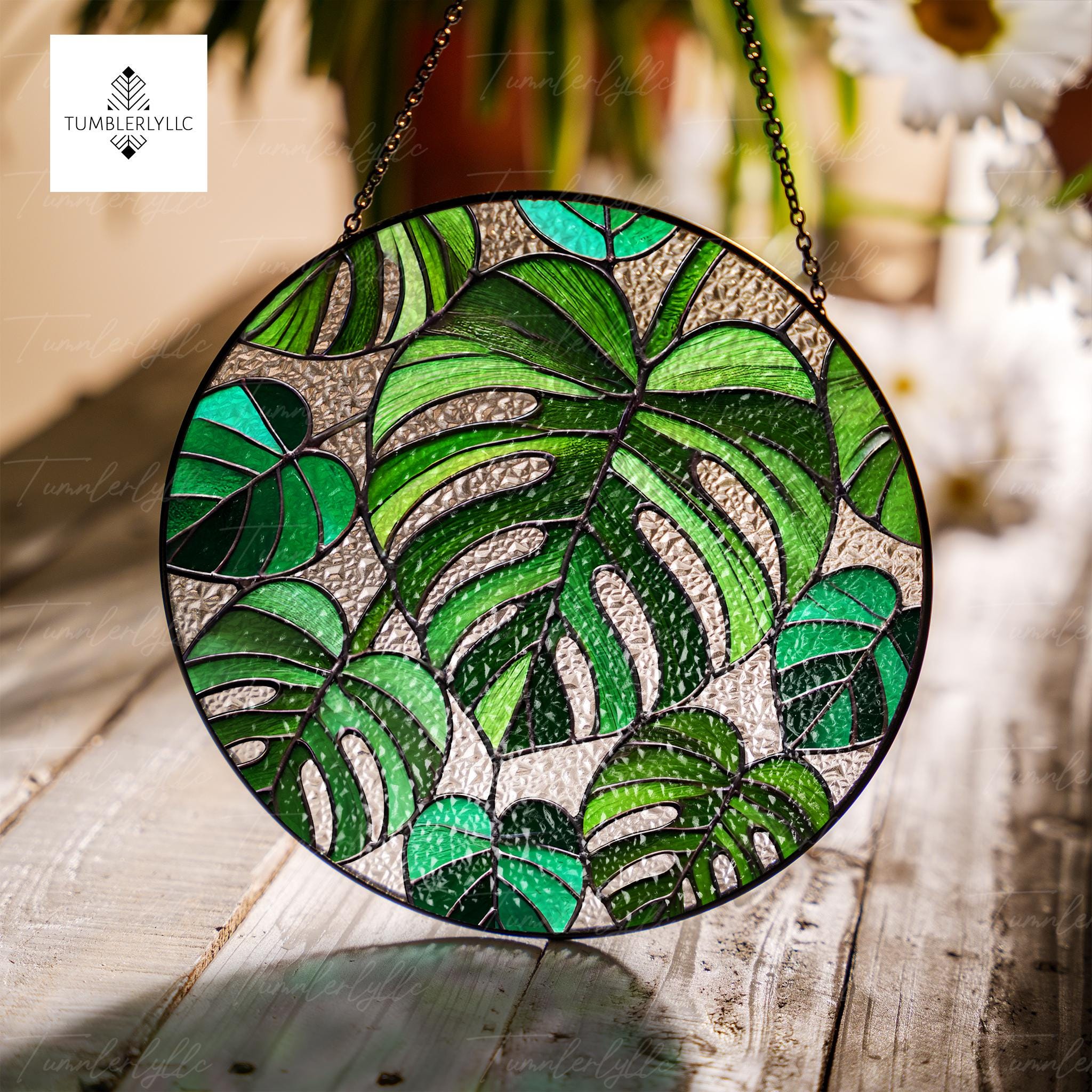 Monstera leaves glass suncatcher, vibrant tropical decor for indoor plants, perfect gift for plant lovers and home enthusiasts