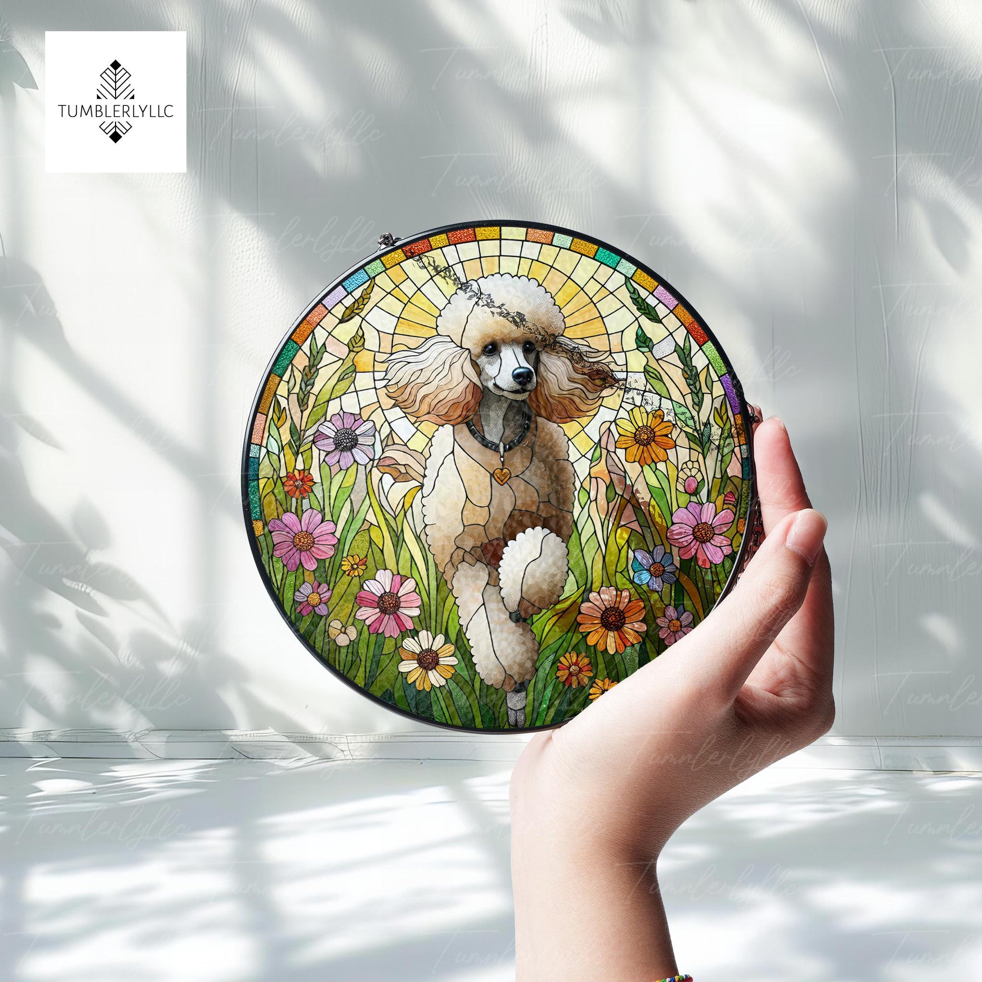 Poodle running among wildflowers glass suncatcher, vibrant poodle glass art, charming gift for dog lovers, poodle glass hanging