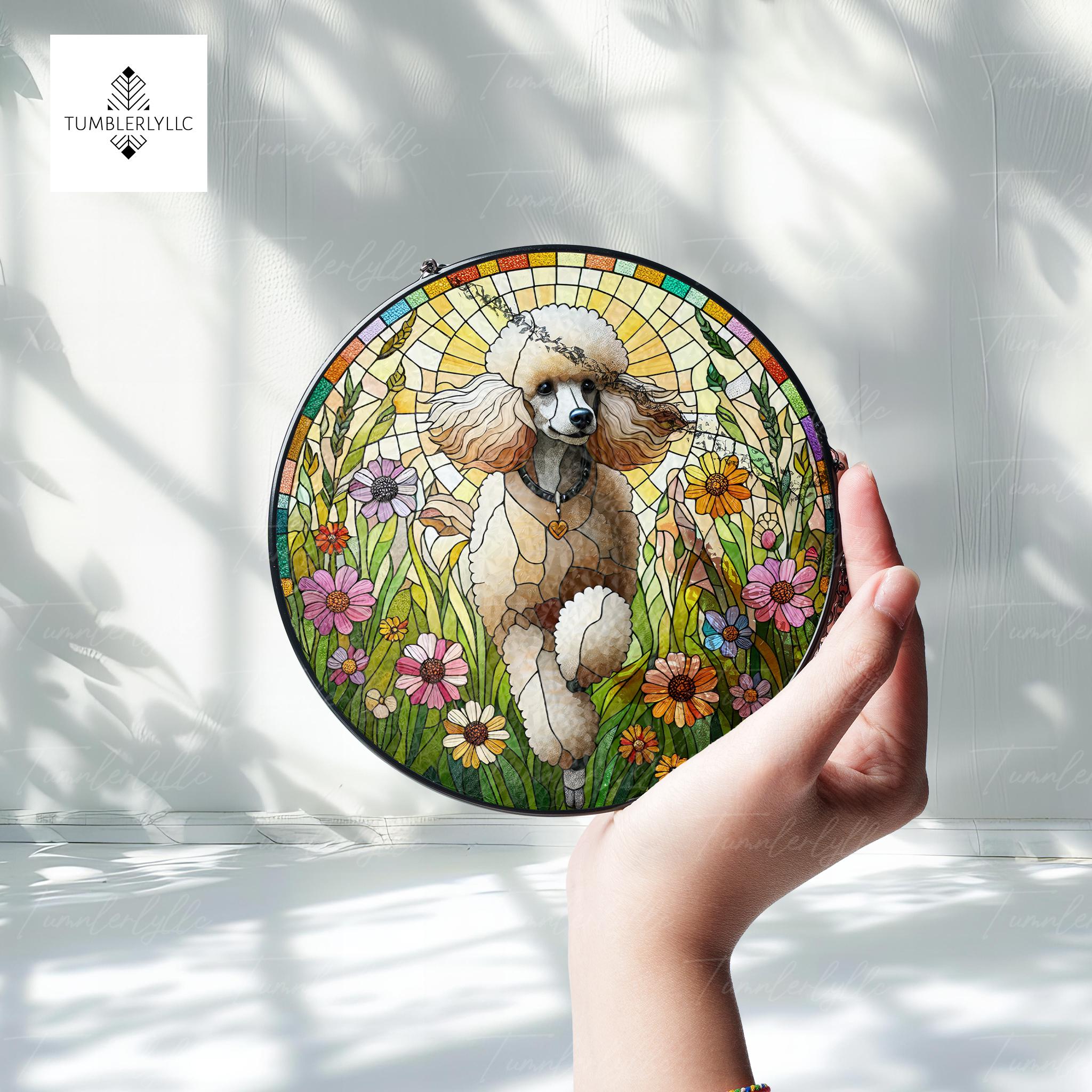 Poodle running among wildflowers glass suncatcher, vibrant poodle glass art, charming gift for dog lovers, poodle glass hanging