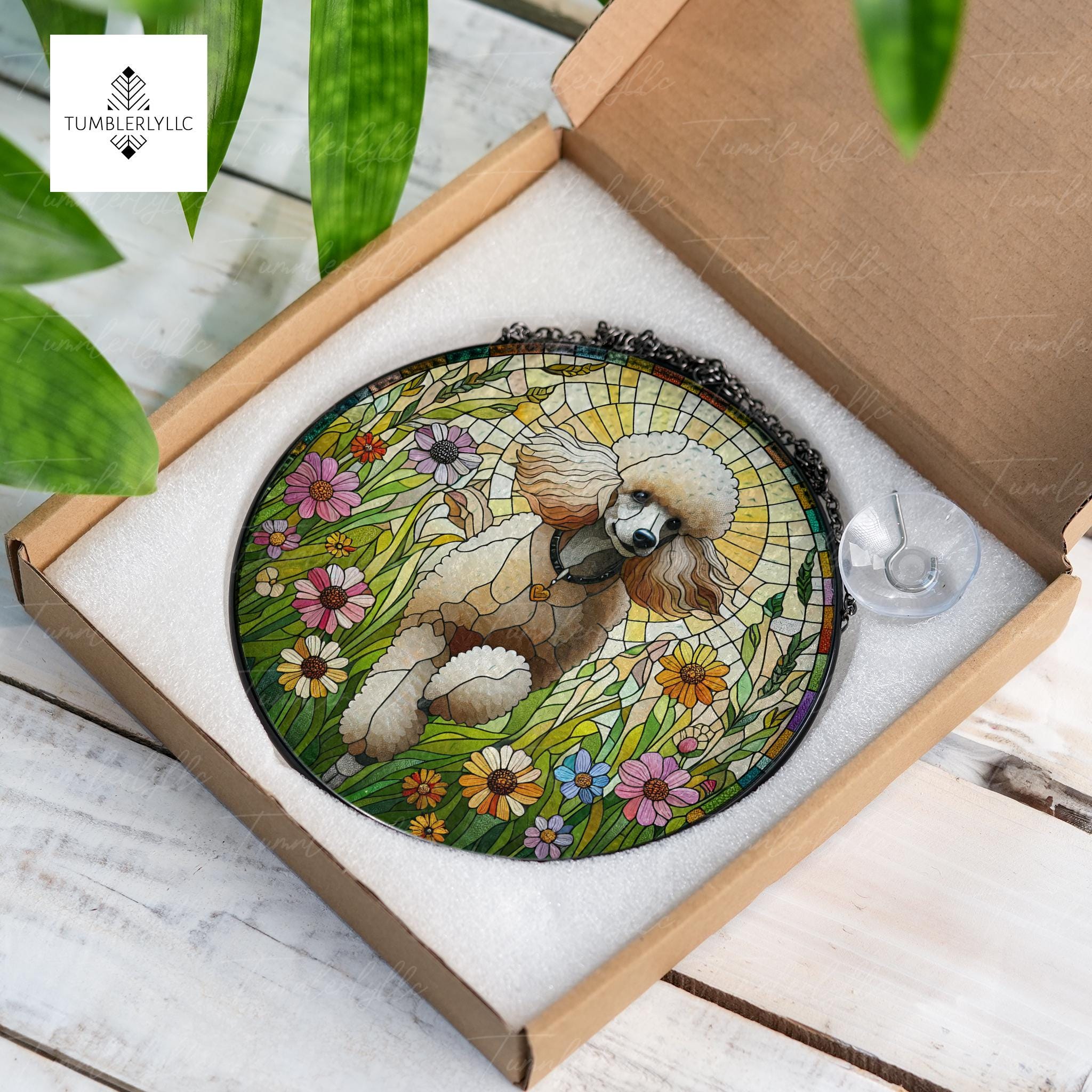 Poodle running among wildflowers glass suncatcher, vibrant poodle glass art, charming gift for dog lovers, poodle glass hanging
