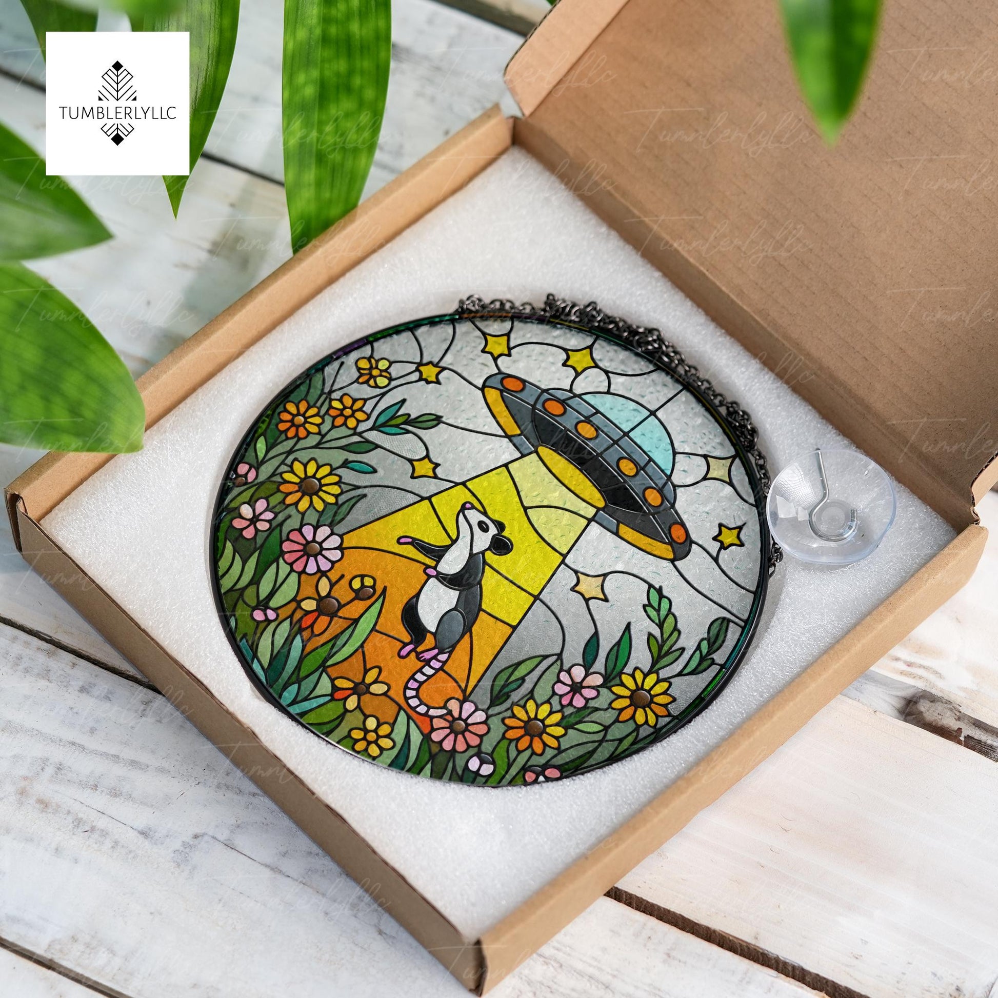 Funny Ufo Abducted opossum glass hanging, Funny ufo wildflower suncatcher, Funny possum meme,  quirky home decoration